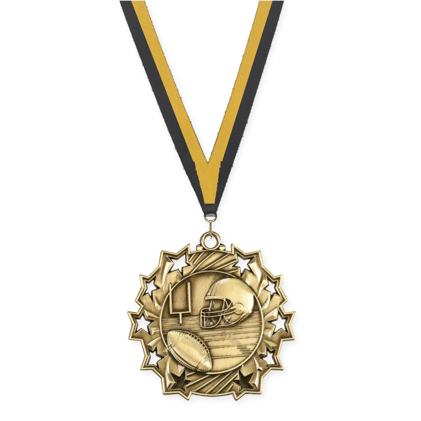 2 1/4 inch football Ten Star medal in bright gold with Black Gold neck ribbon