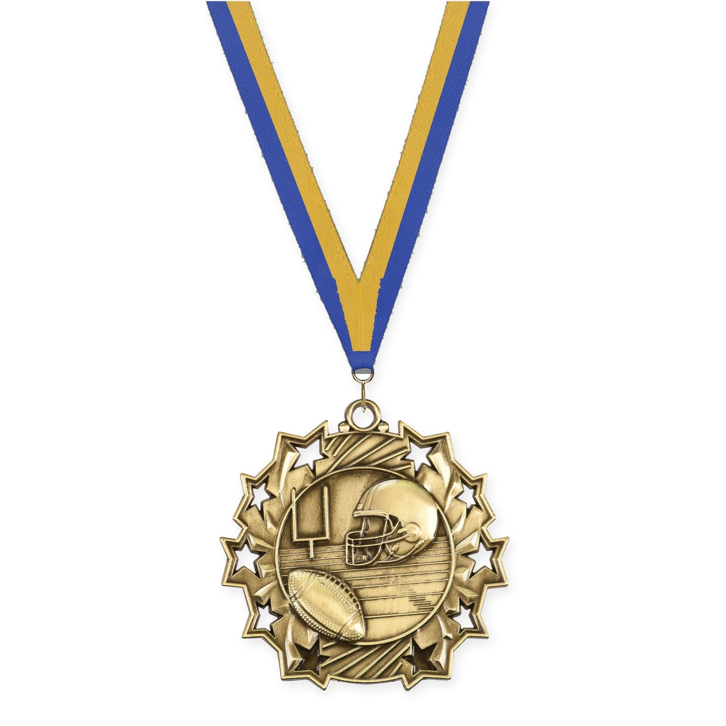 2 1/4 inch football Ten Star medal in bright gold with Blue Gold neck ribbon