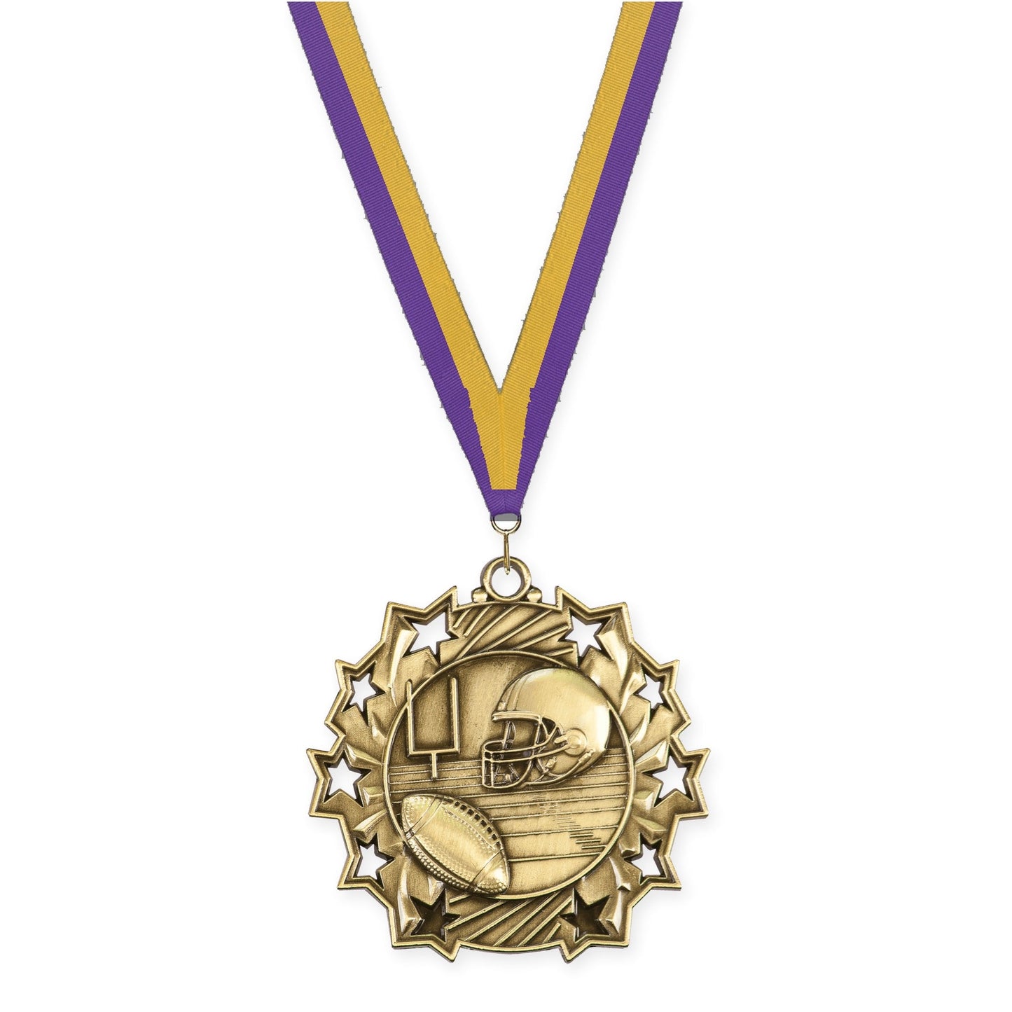2 1/4 inch football Ten Star medal in bright gold with Purple Gold neck ribbon