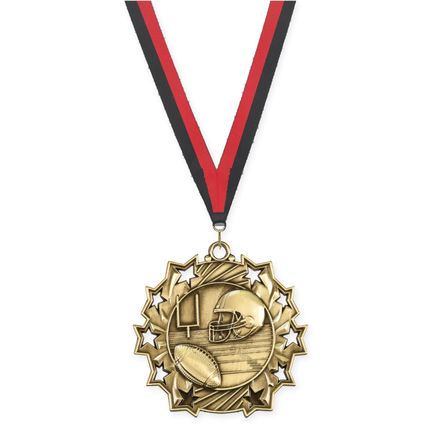 2 1/4 inch football Ten Star medal in bright gold with Black Red neck ribbon