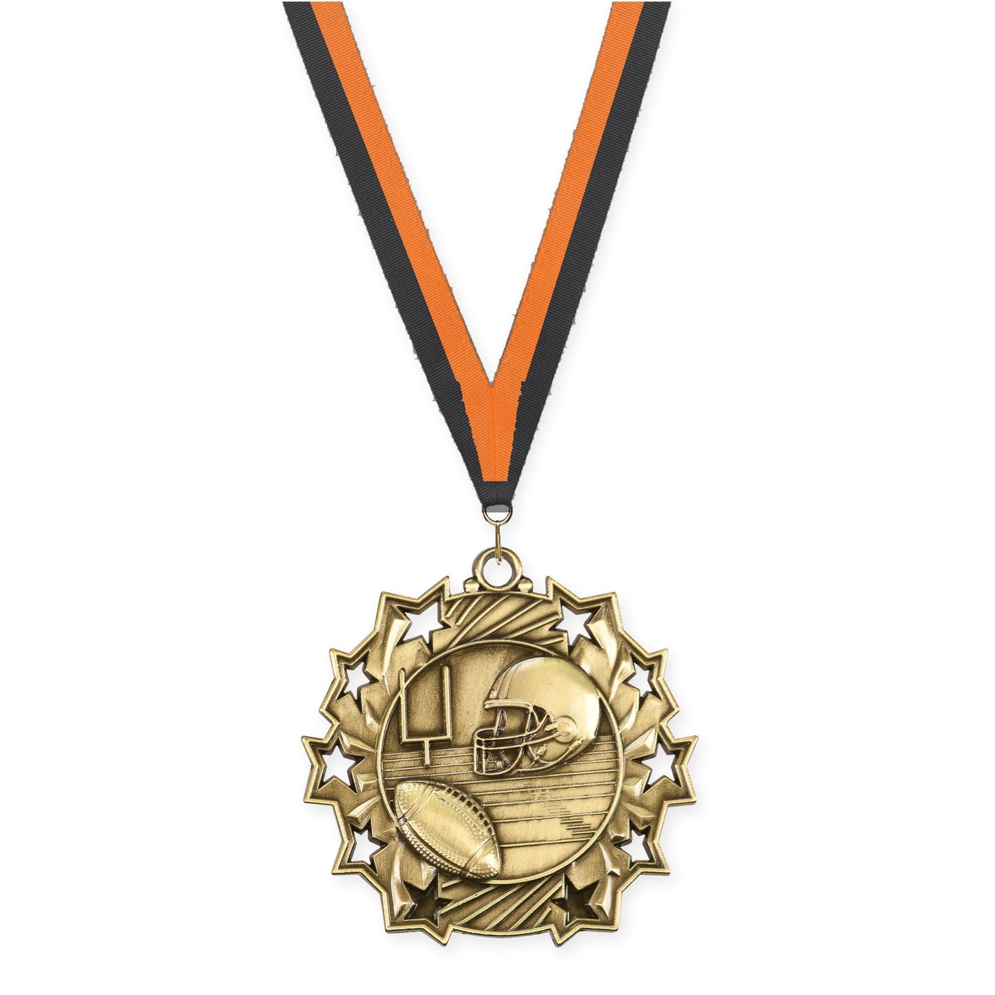 2 1/4 inch football Ten Star medal in bright gold with Black Orange neck ribbon