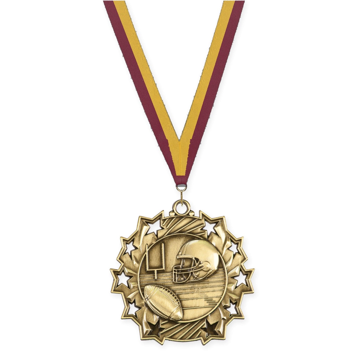 2 1/4 inch football Ten Star medal in bright gold with Maroon Gold neck ribbon