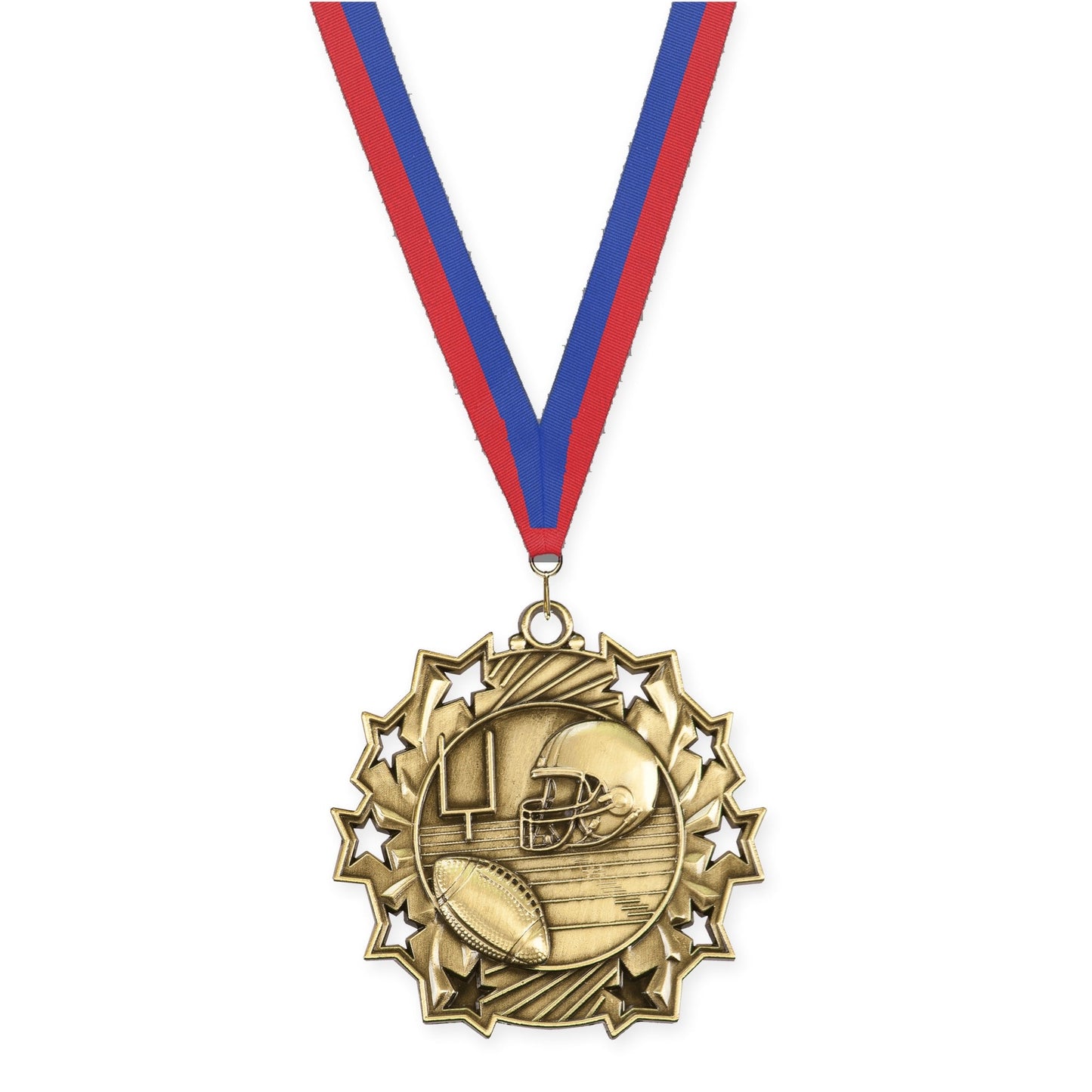 2 1/4 inch football Ten Star medal in bright gold with Blue Red neck ribbon