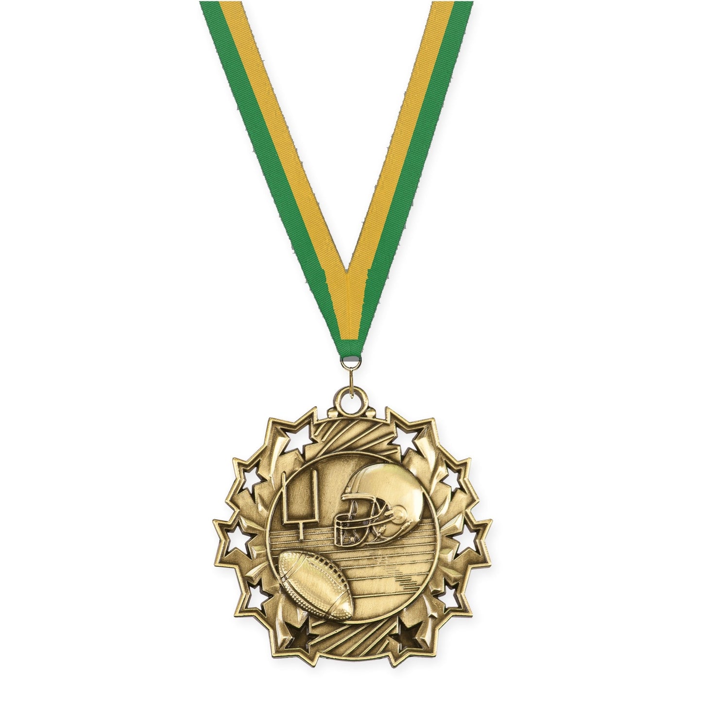2 1/4 inch football Ten Star medal in bright gold with Green Gold neck ribbon