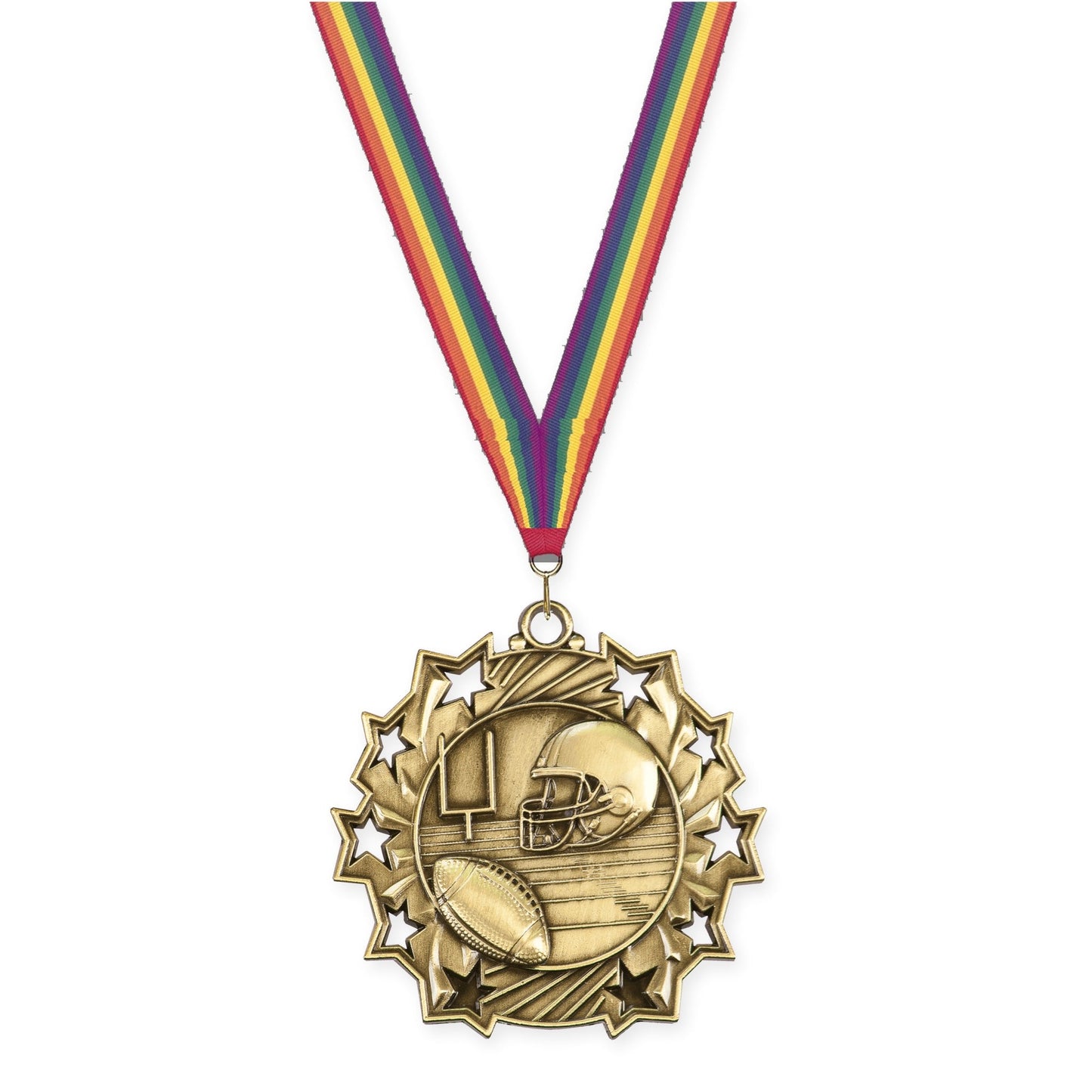 2 1/4 inch football Ten Star medal in bright gold with Rainbow neck ribbon
