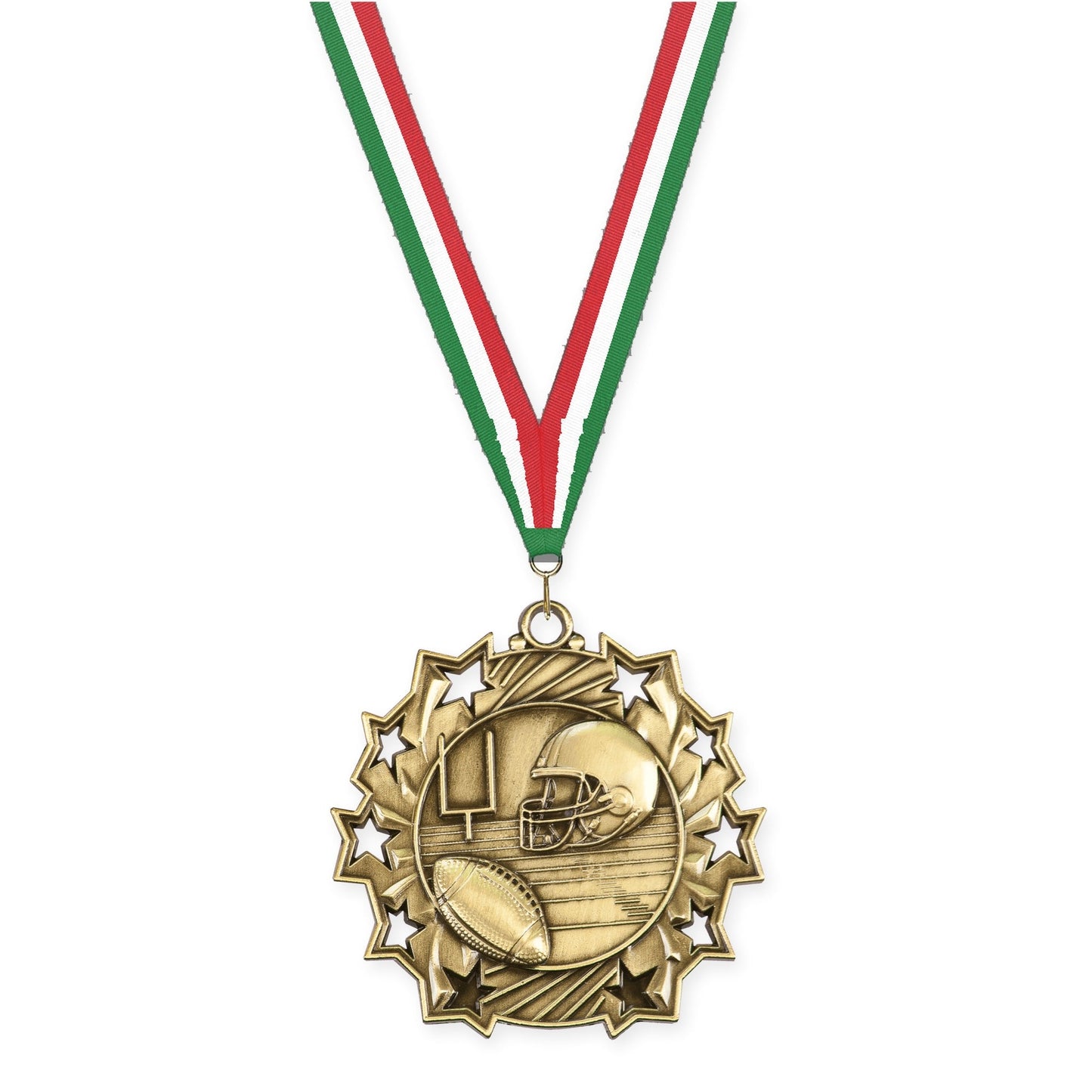 2 1/4 inch football Ten Star medal in bright gold with Green White Red neck ribbon