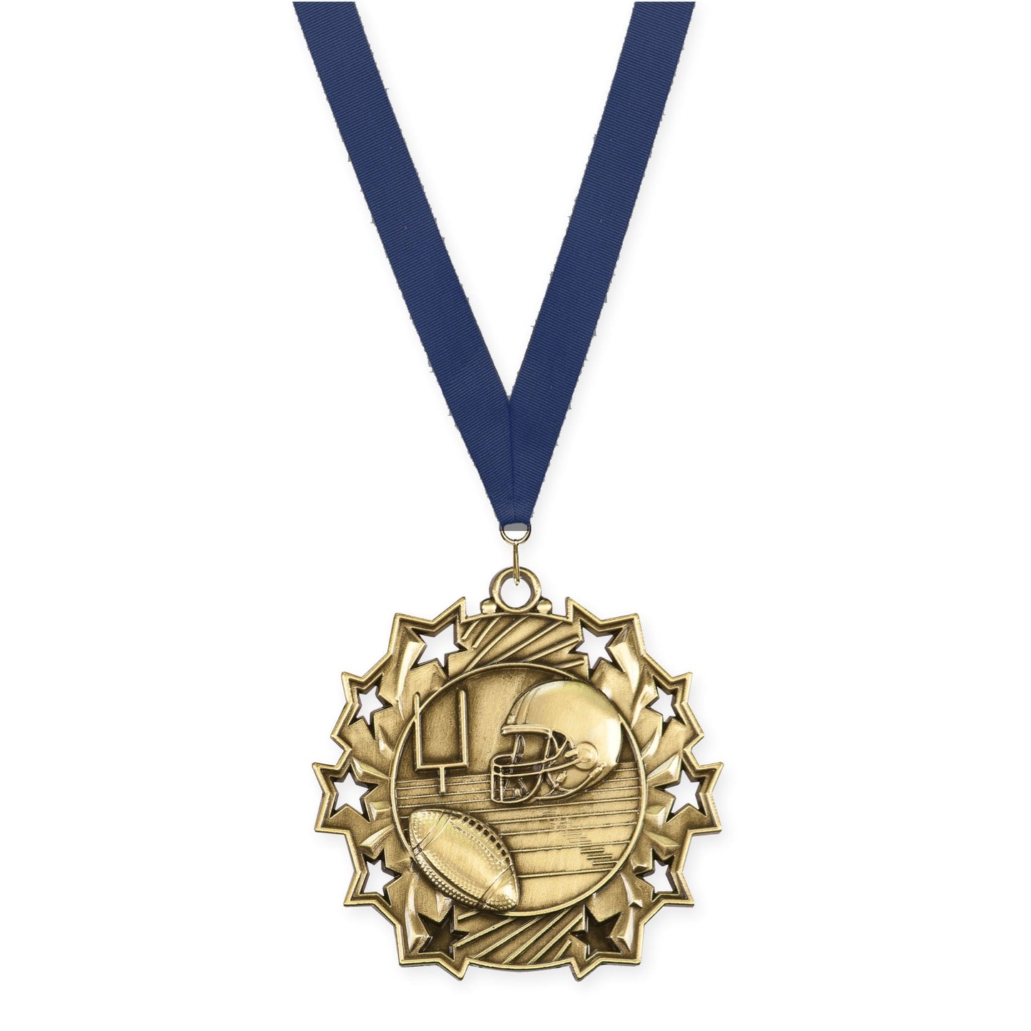 2 1/4 inch football Ten Star medal in bright gold with Navy neck ribbon