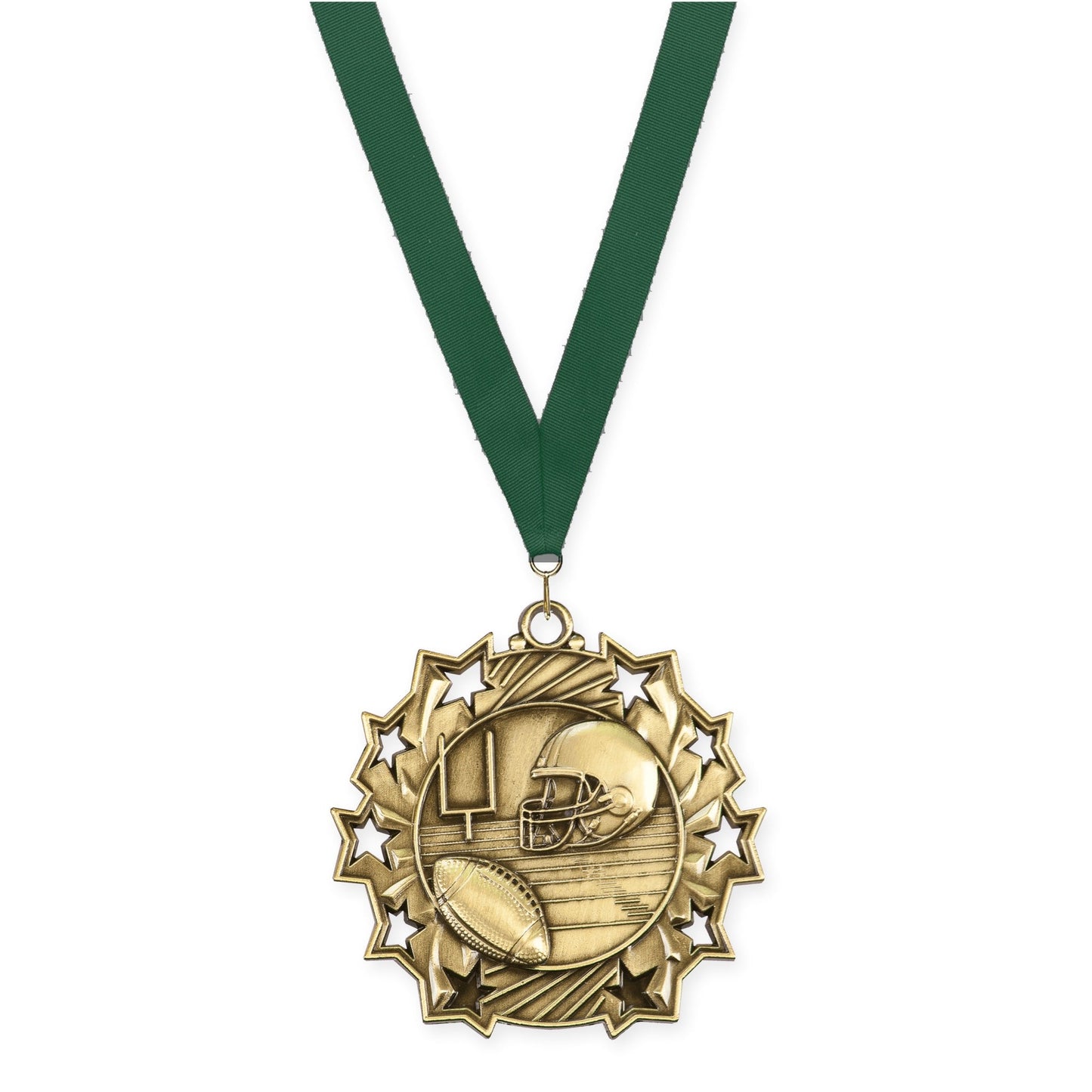 2 1/4 inch football Ten Star medal in bright gold with Hunter Green neck ribbon