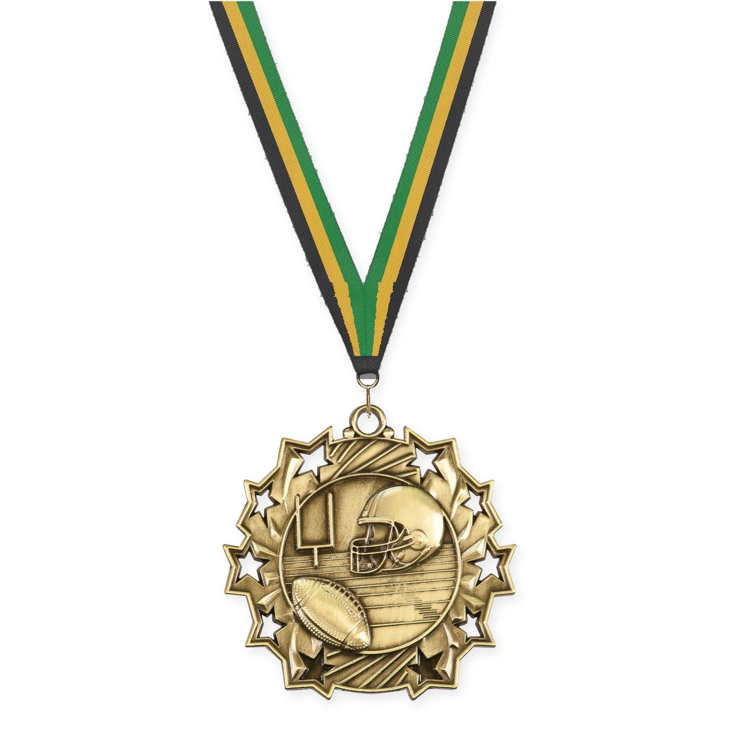 2 1/4 inch football Ten Star medal in bright gold with Black Gold Green neck ribbon
