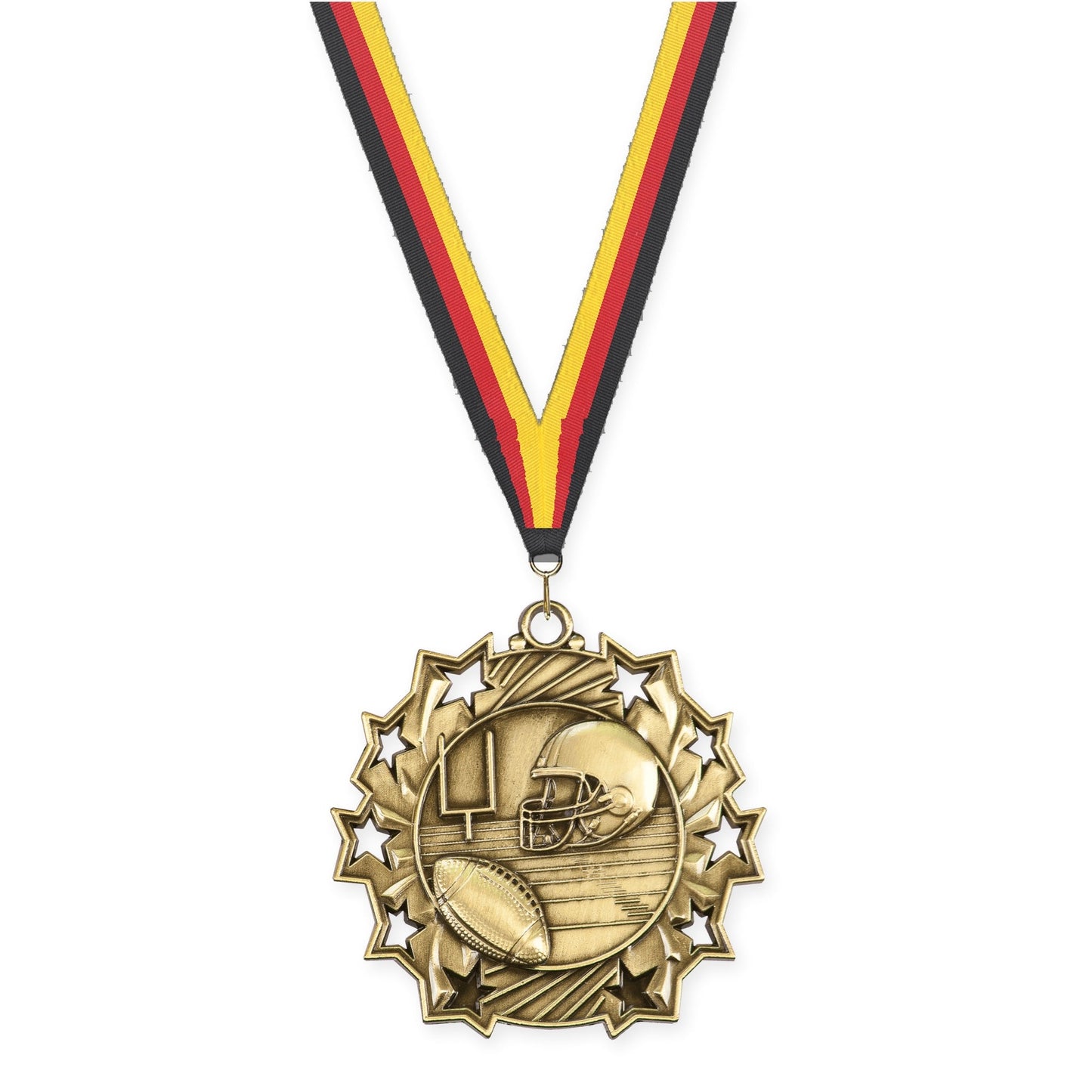 2 1/4 inch football Ten Star medal in bright gold with Black Red Yellow neck ribbon