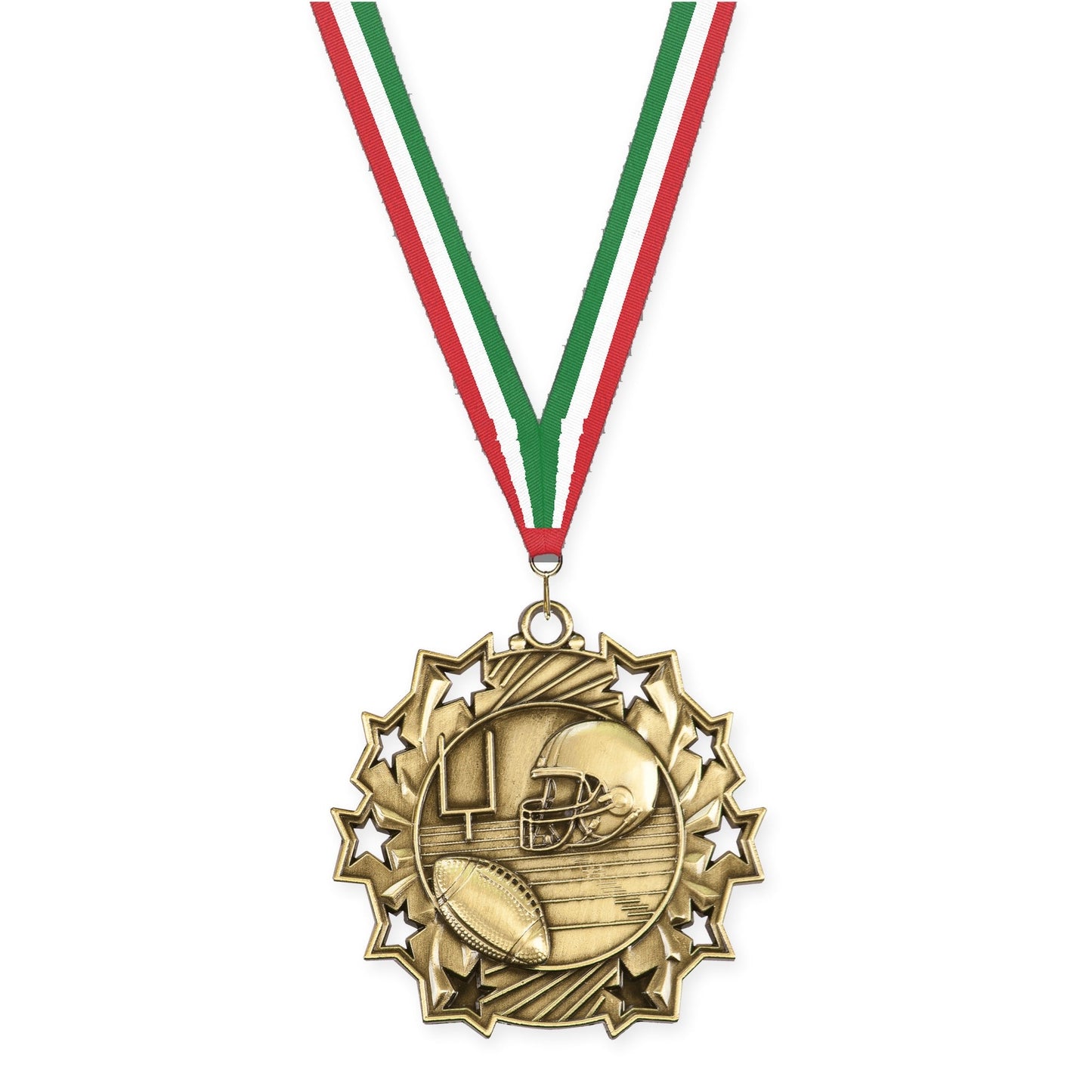 2 1/4 inch football Ten Star medal in bright gold with Red White Green neck ribbon