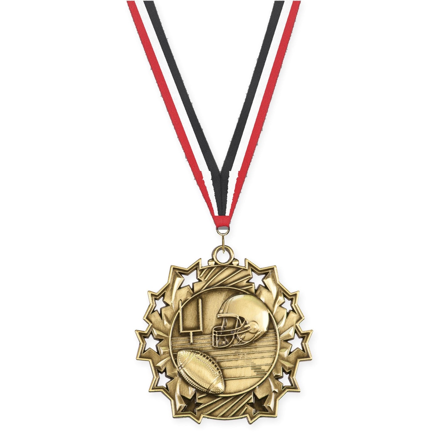 2 1/4 inch football Ten Star medal in bright gold with Red White Black neck ribbon