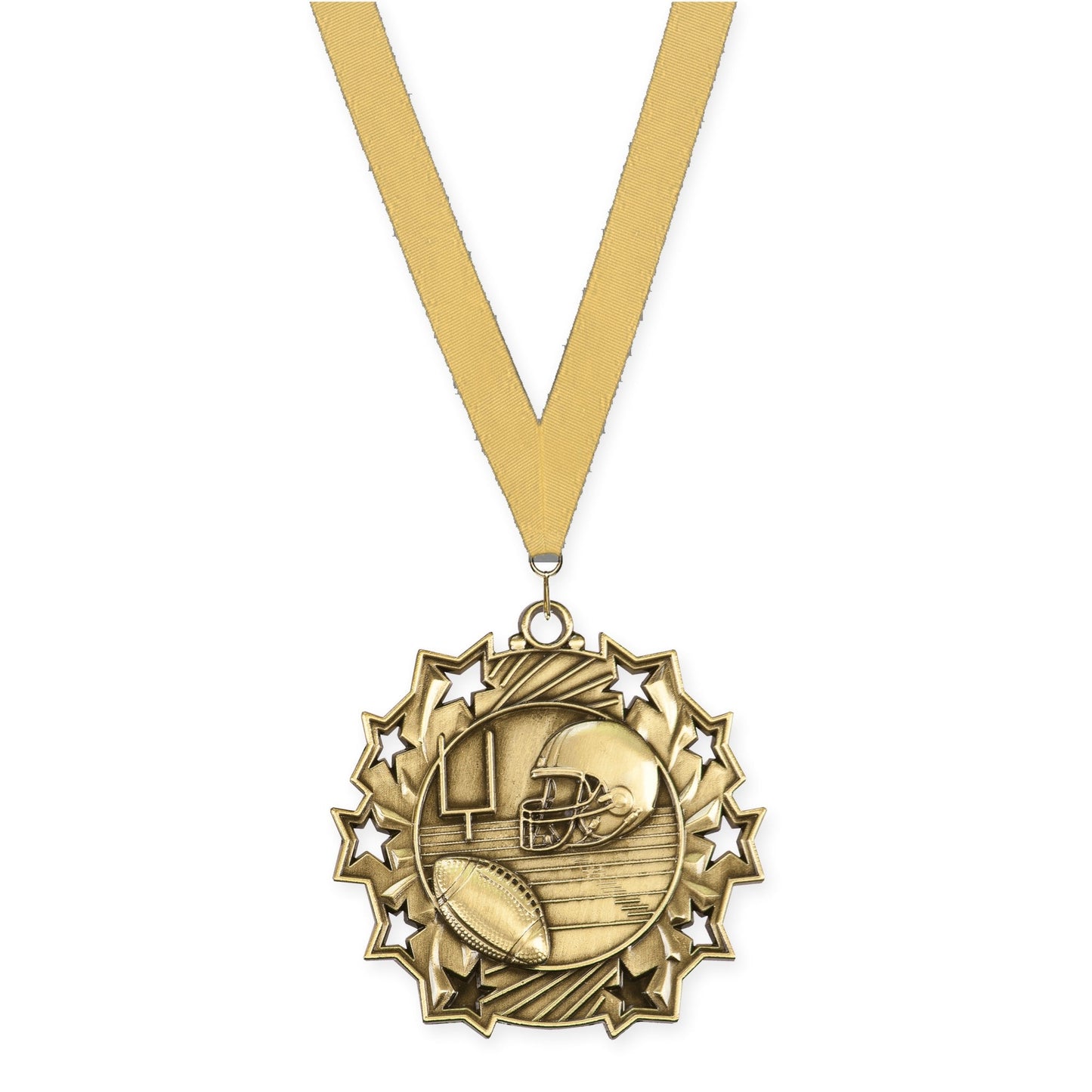 2 1/4 inch football Ten Star medal in bright gold with Gold Metallic neck ribbon