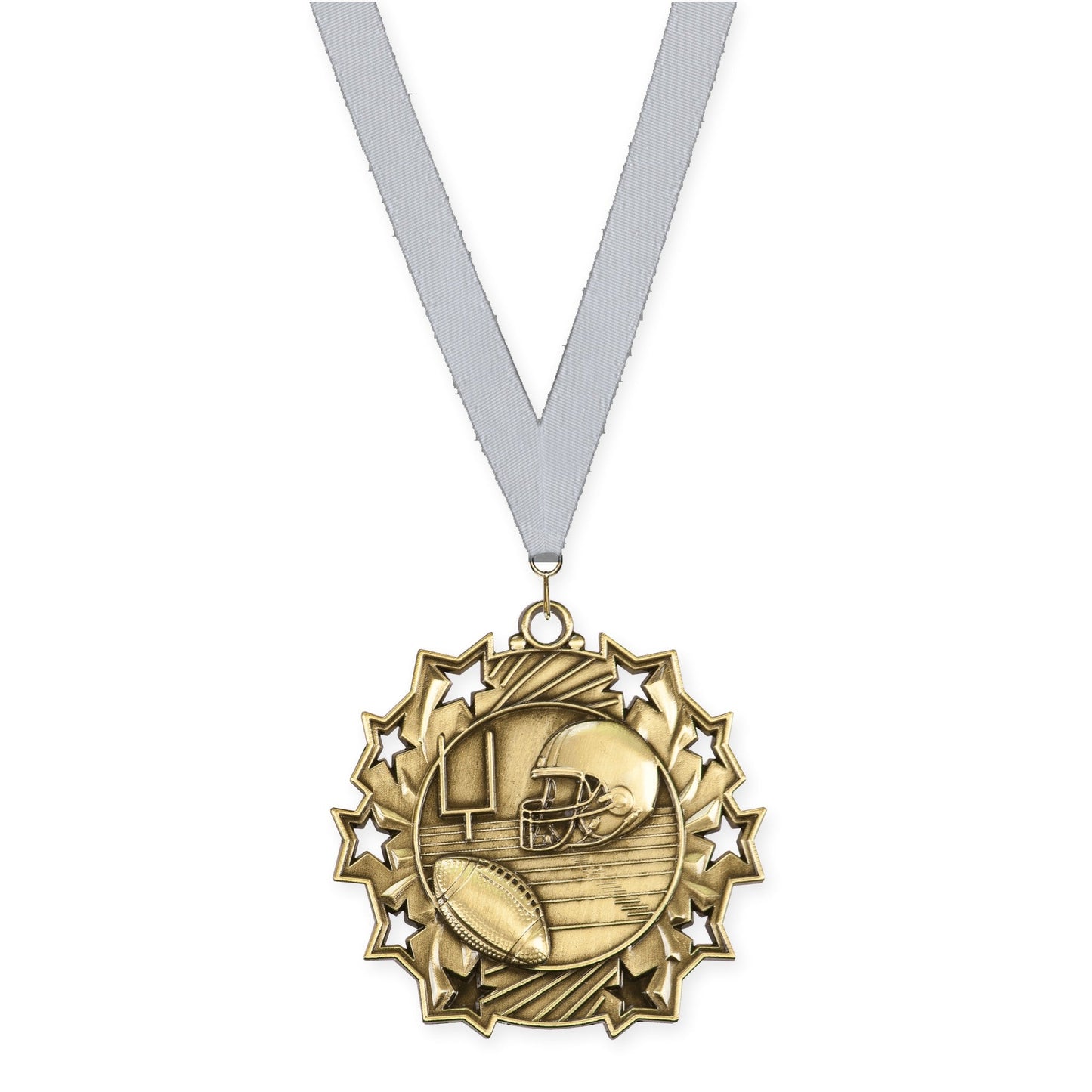 2 1/4 inch football Ten Star medal in bright gold with Silver Metallic neck ribbon