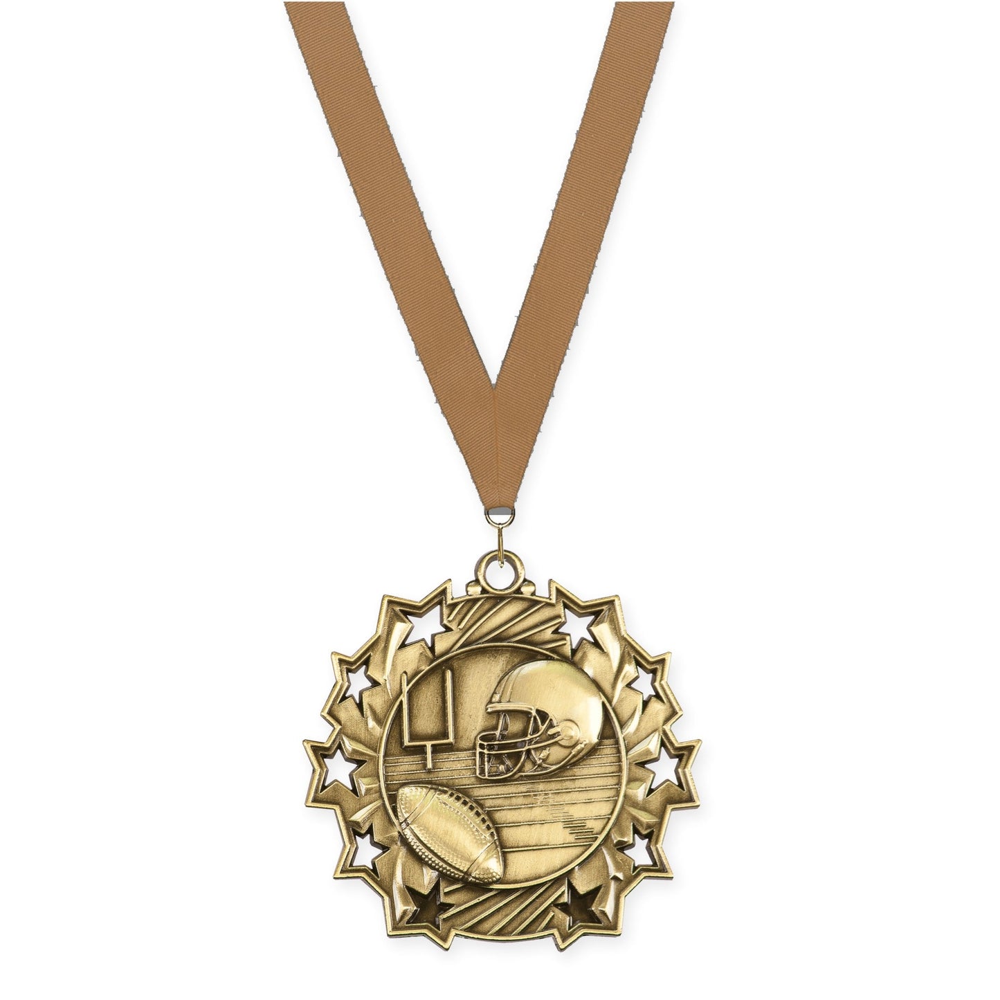 2 1/4 inch football Ten Star medal in bright gold with Bronze Metallic neck ribbon
