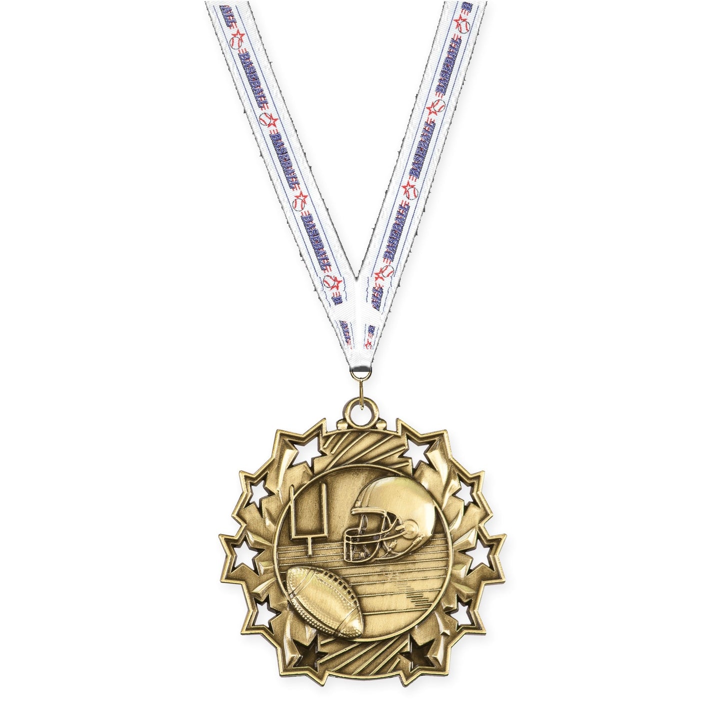 2 1/4 inch football Ten Star medal in bright gold with Baseball neck ribbon