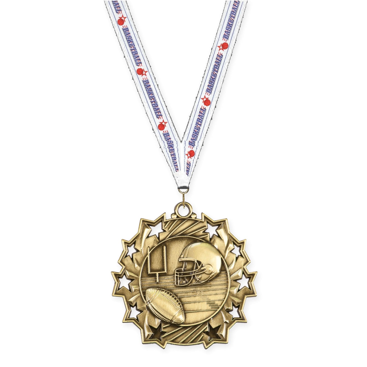 2 1/4 inch football Ten Star medal in bright gold with Basketball neck ribbon
