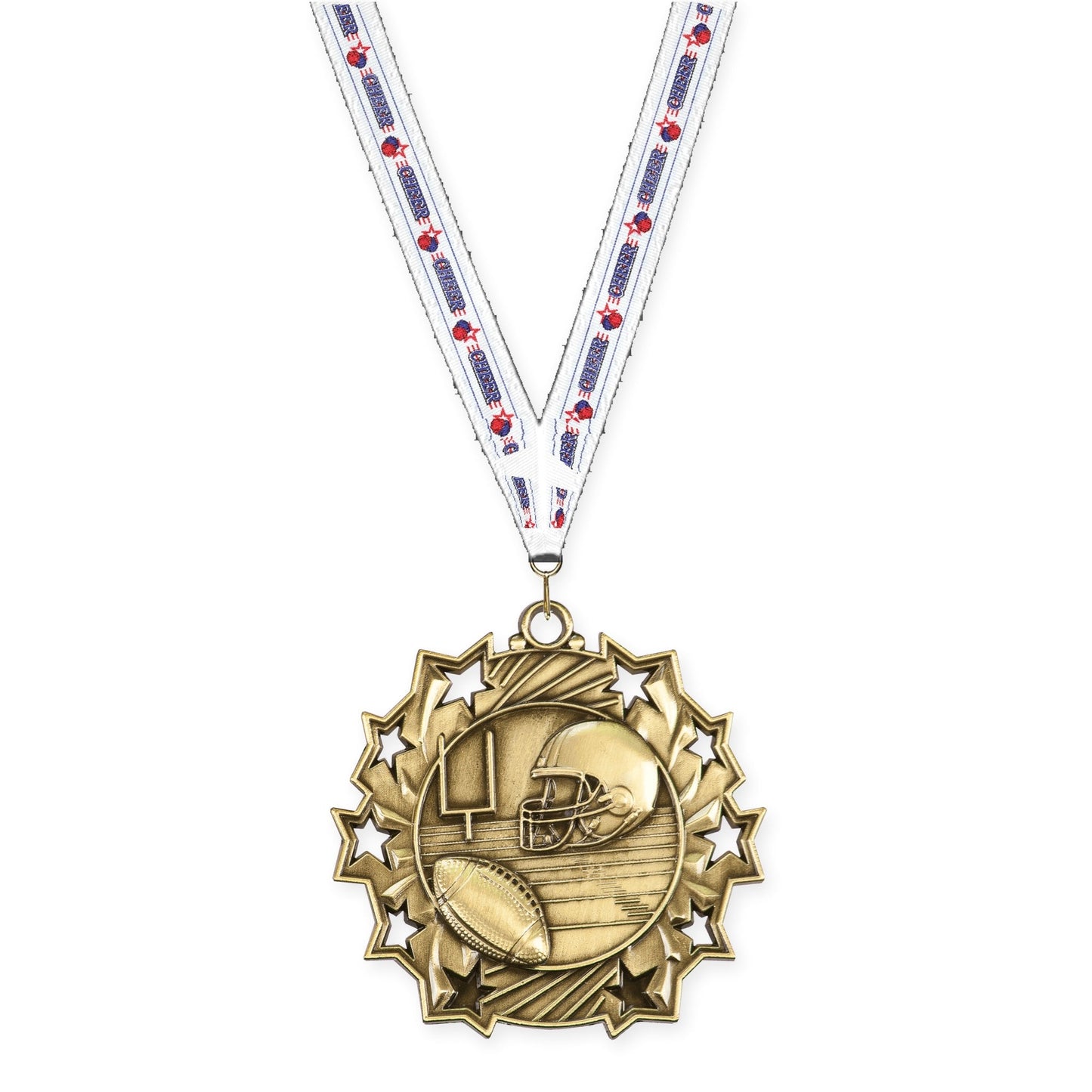 2 1/4 inch football Ten Star medal in bright gold with Cheerleading neck ribbon