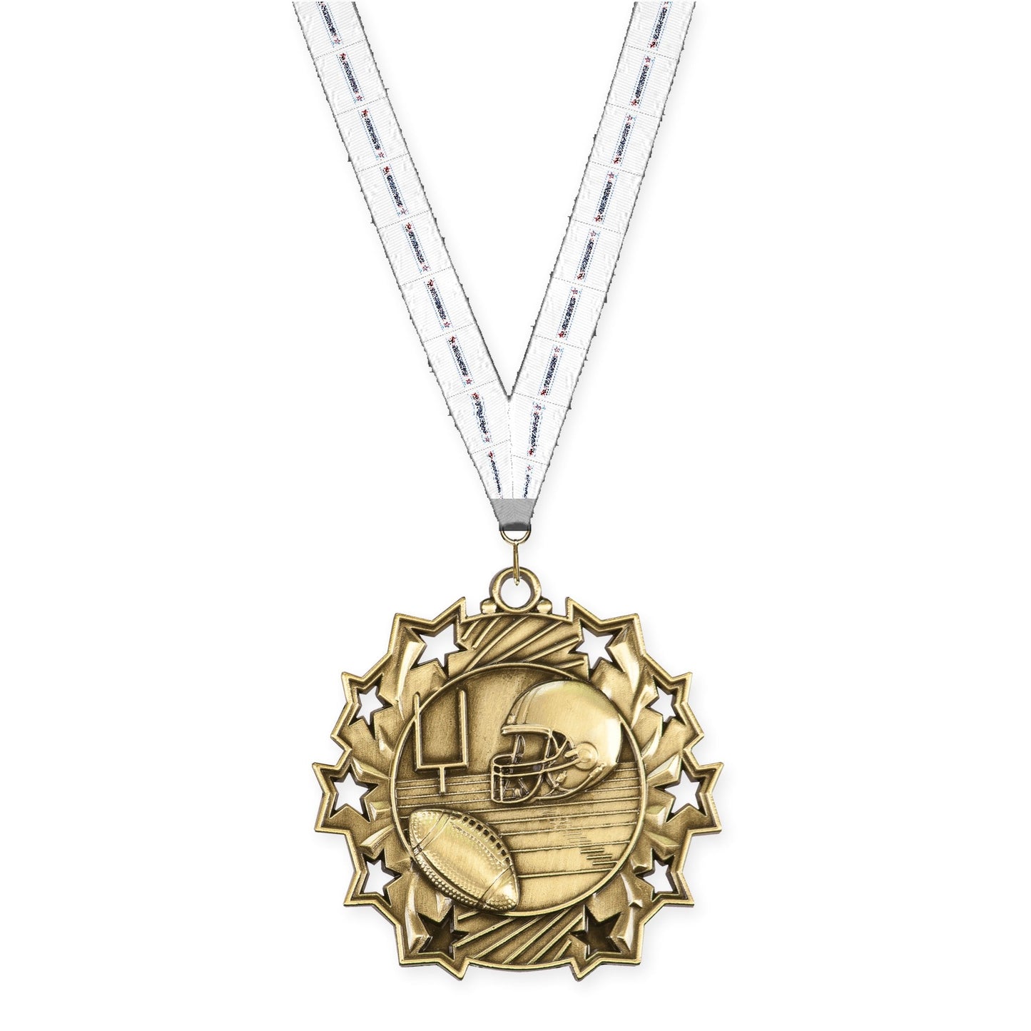 2 1/4 inch football Ten Star medal in bright gold with Gymnastics neck ribbon