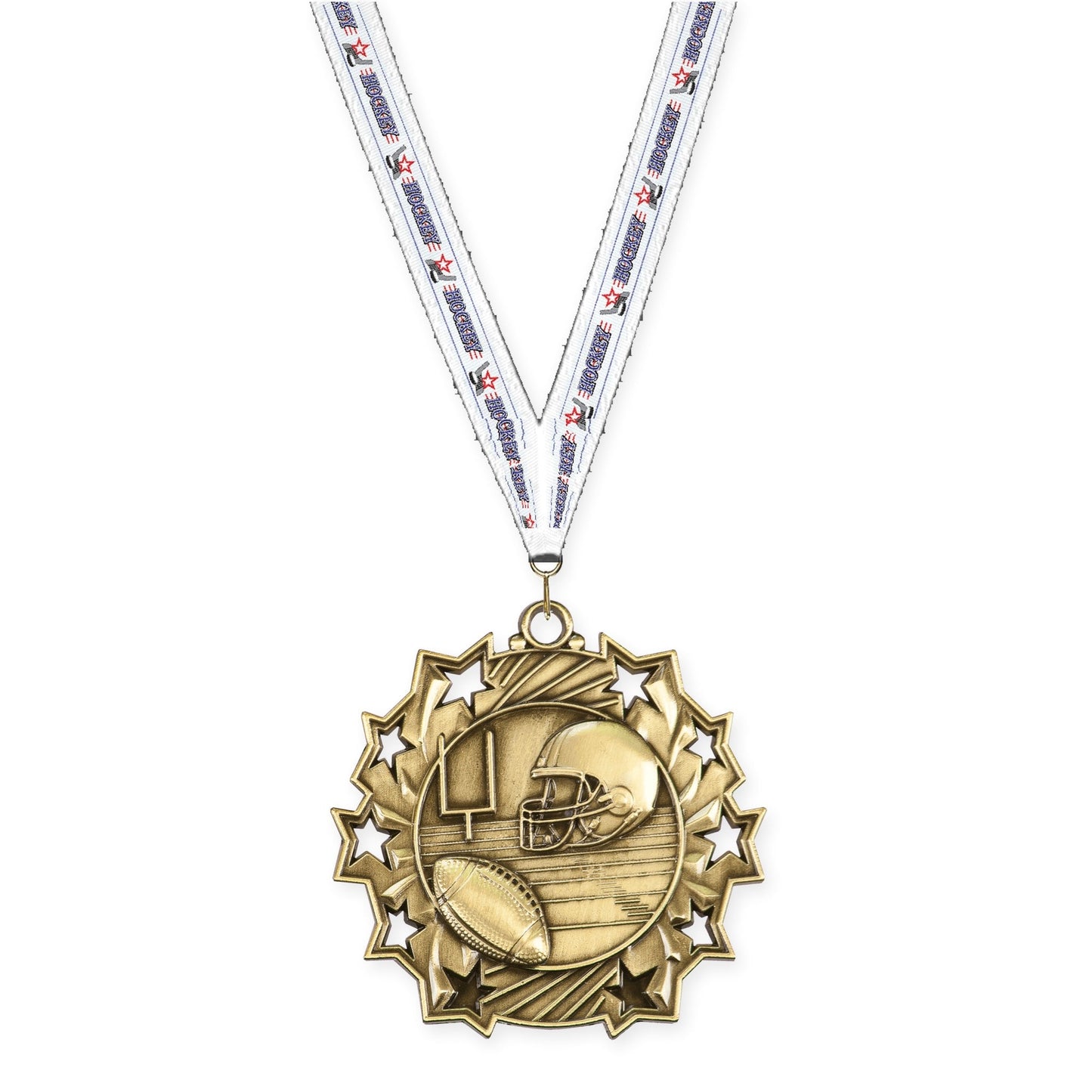 2 1/4 inch football Ten Star medal in bright gold with Hockey neck ribbon
