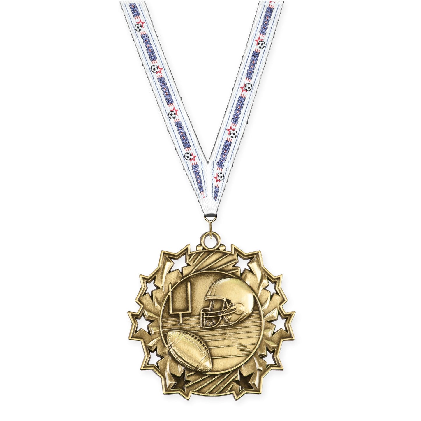 2 1/4 inch football Ten Star medal in bright gold with Soccer neck ribbon