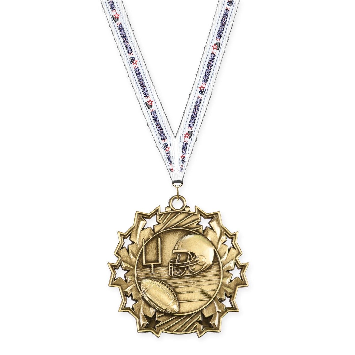 2 1/4 inch football Ten Star medal in bright gold with Wrestling neck ribbon