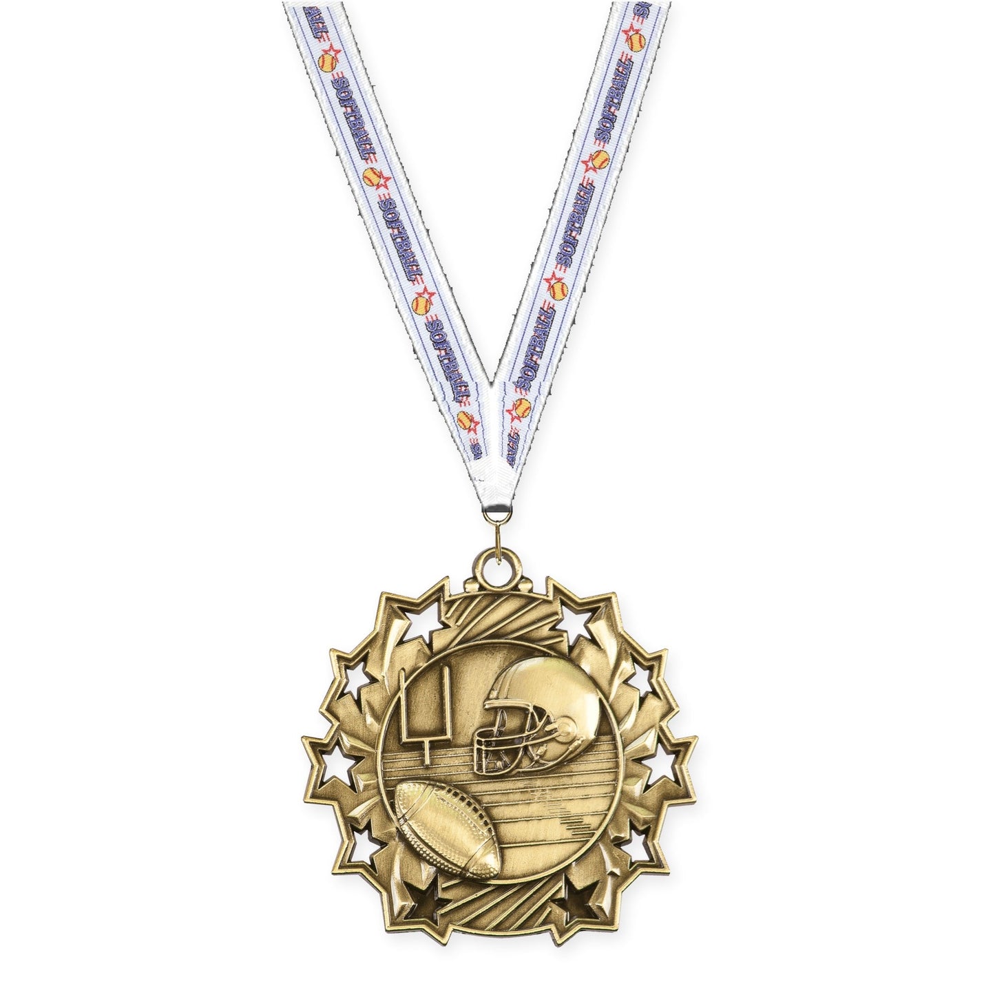 2 1/4 inch football Ten Star medal in bright gold with Softball neck ribbon