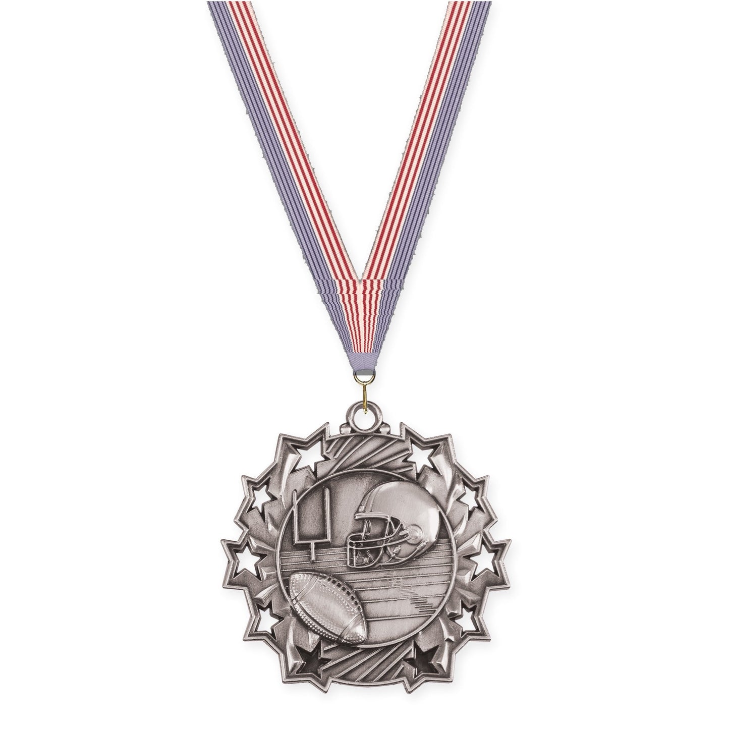 2 1/4 inch football Ten Star medal in bright silver with USA Flag neck ribbon