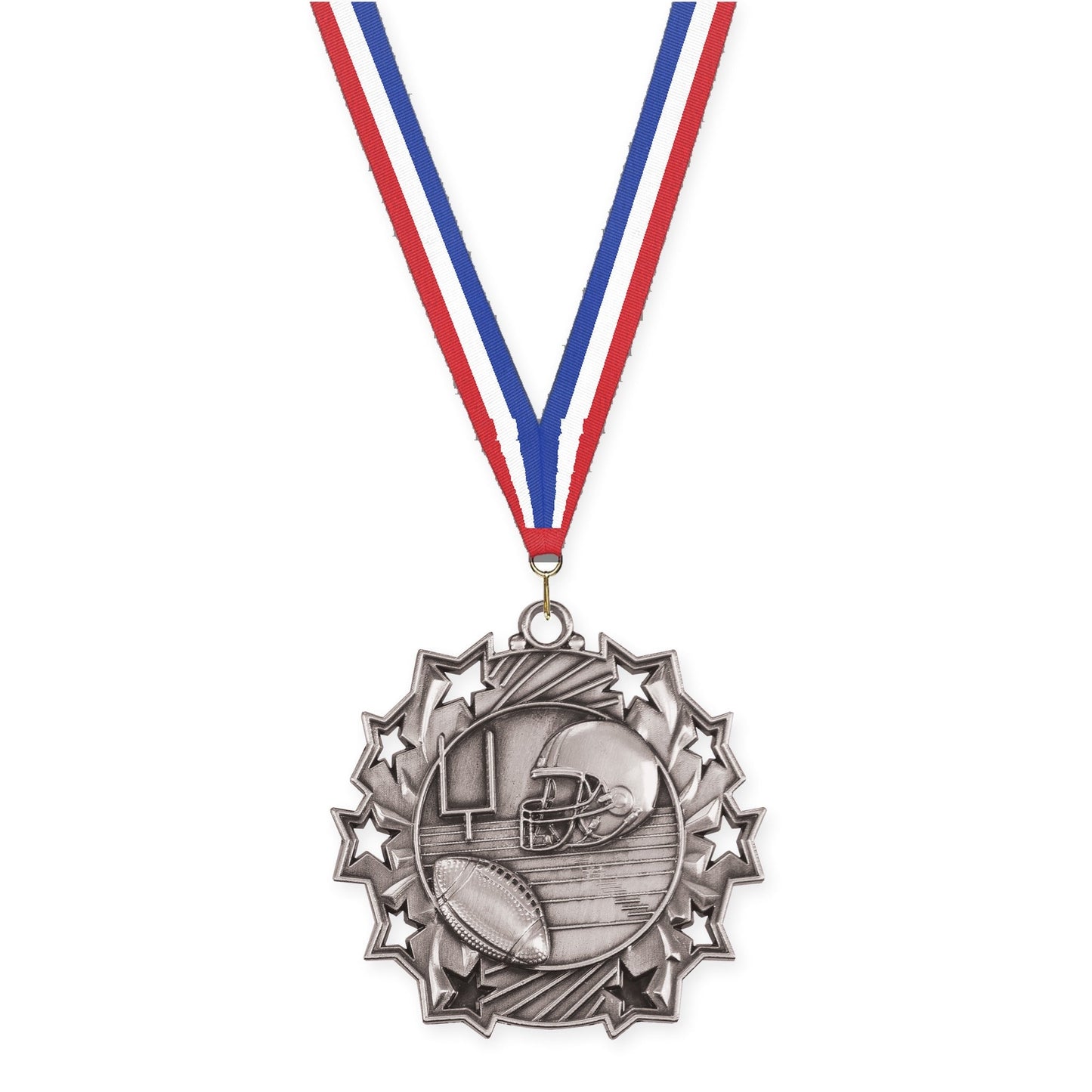 2 1/4 inch football Ten Star medal in bright silver with Red White Blue neck ribbon