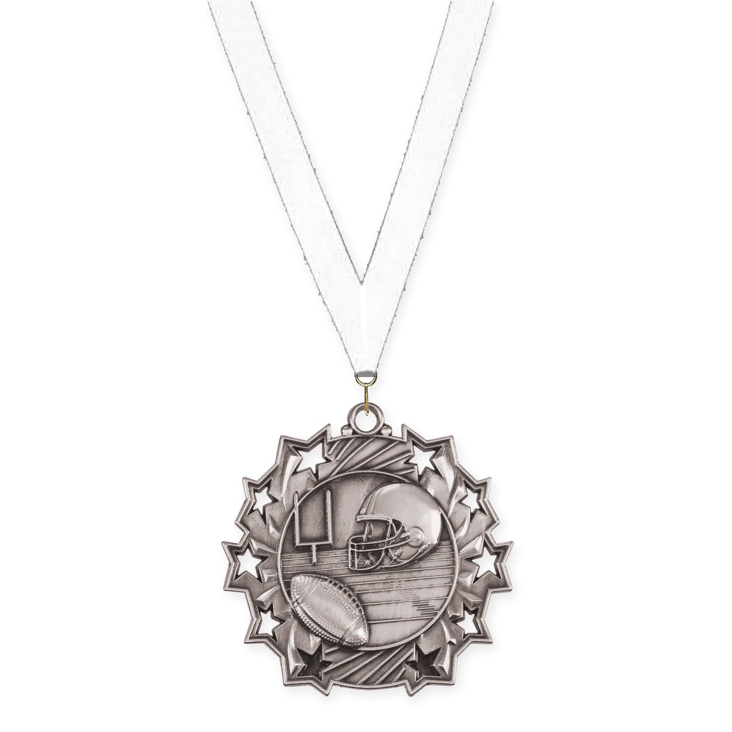 2 1/4 inch football Ten Star medal in bright silver with White neck ribbon