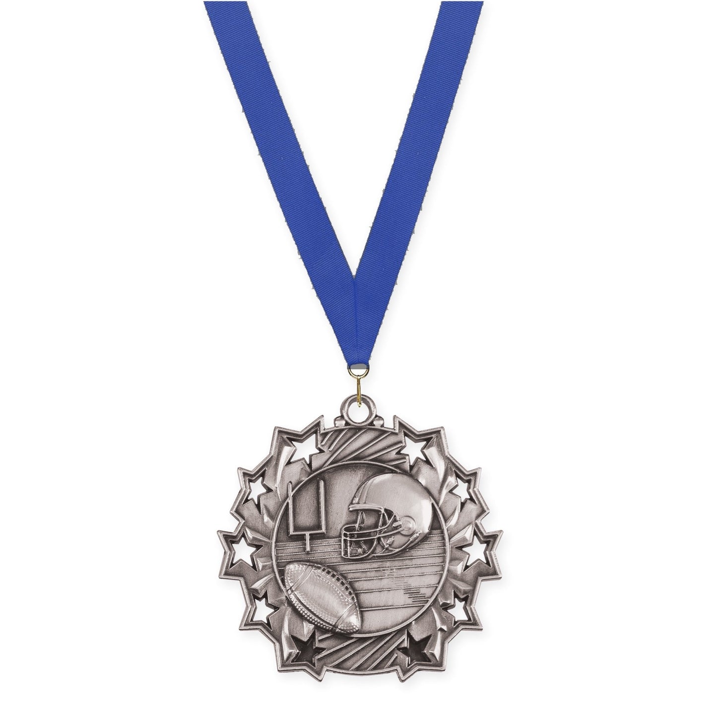 2 1/4 inch football Ten Star medal in bright silver with Blue neck ribbon