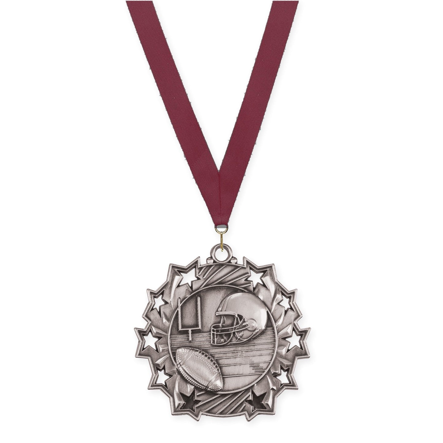 2 1/4 inch football Ten Star medal in bright silver with Maroon neck ribbon