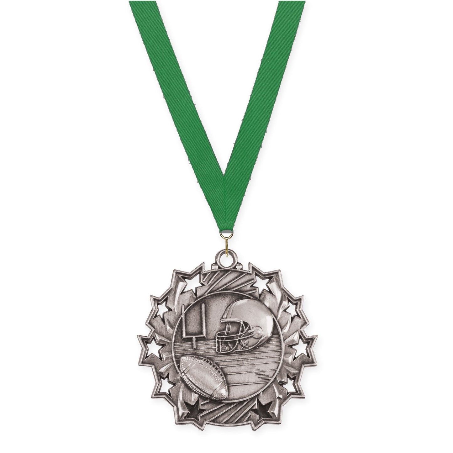 2 1/4 inch football Ten Star medal in bright silver with Green neck ribbon