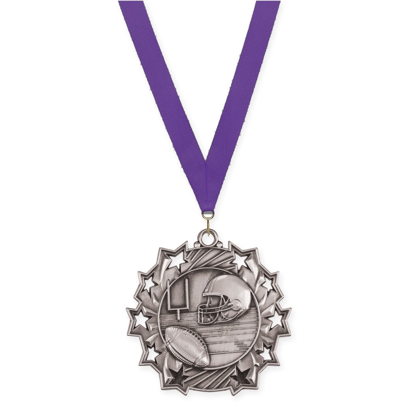 2 1/4 inch football Ten Star medal in bright silver with Purple neck ribbon