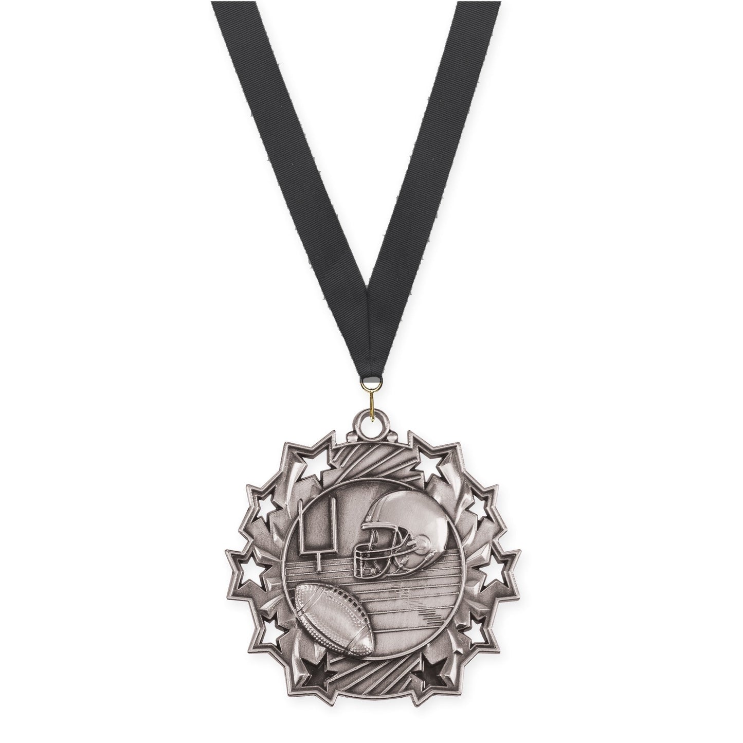 2 1/4 inch football Ten Star medal in bright silver with Black neck ribbon