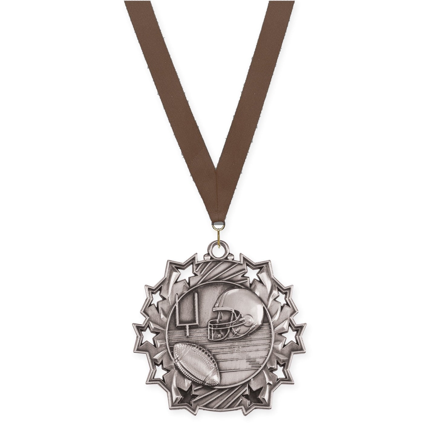 2 1/4 inch football Ten Star medal in bright silver with Brown neck ribbon
