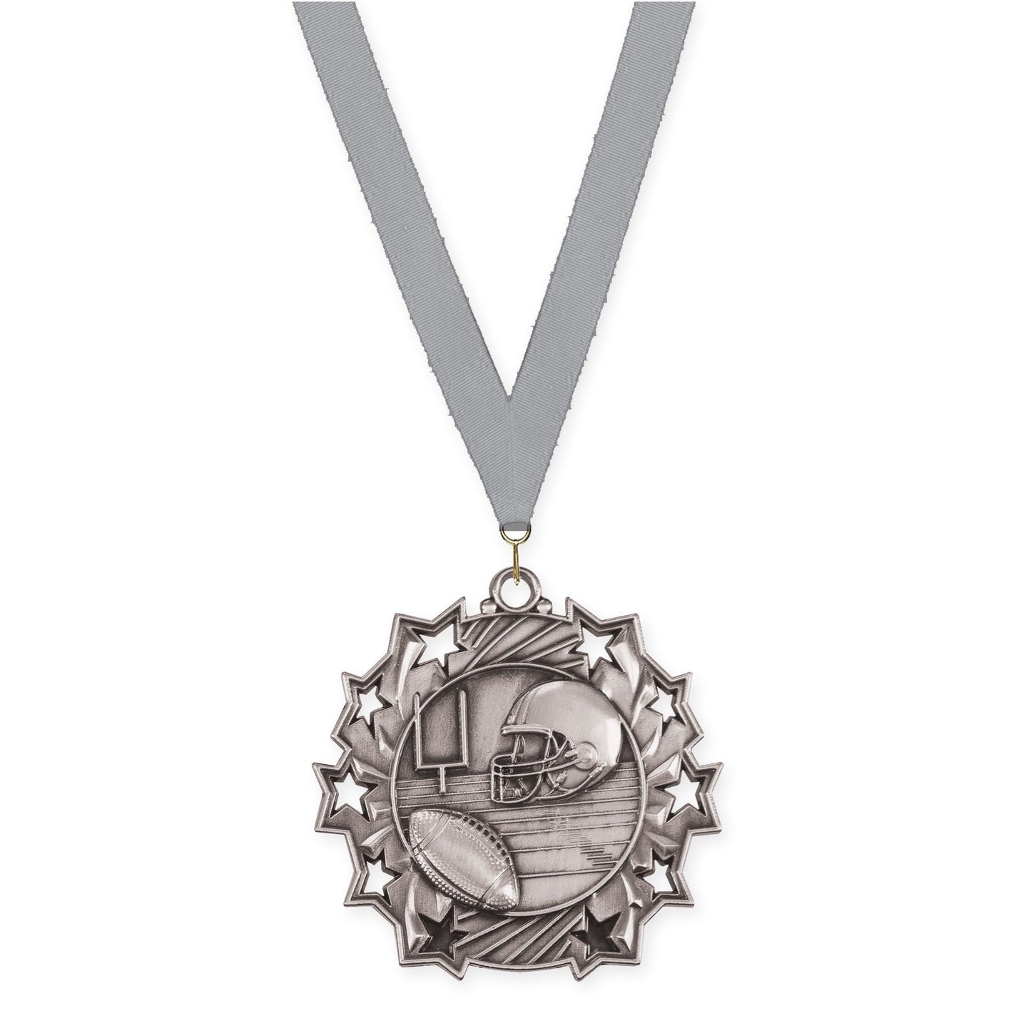 2 1/4 inch football Ten Star medal in bright silver with Gray neck ribbon