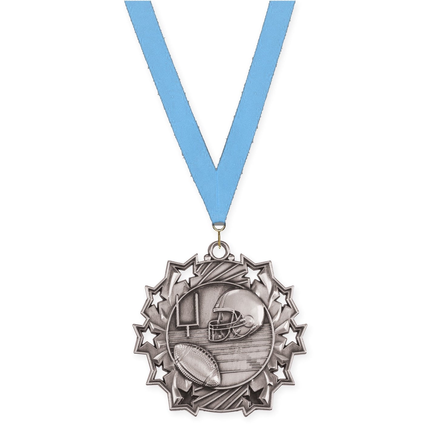 2 1/4 inch football Ten Star medal in bright silver with Light Blue neck ribbon