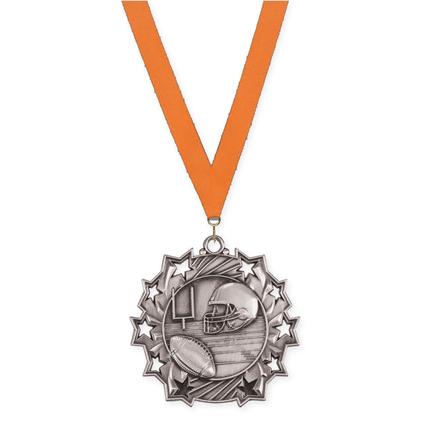 2 1/4 inch football Ten Star medal in bright silver with Orange neck ribbon