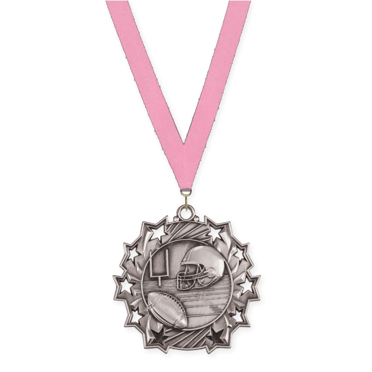 2 1/4 inch football Ten Star medal in bright silver with Pink neck ribbon