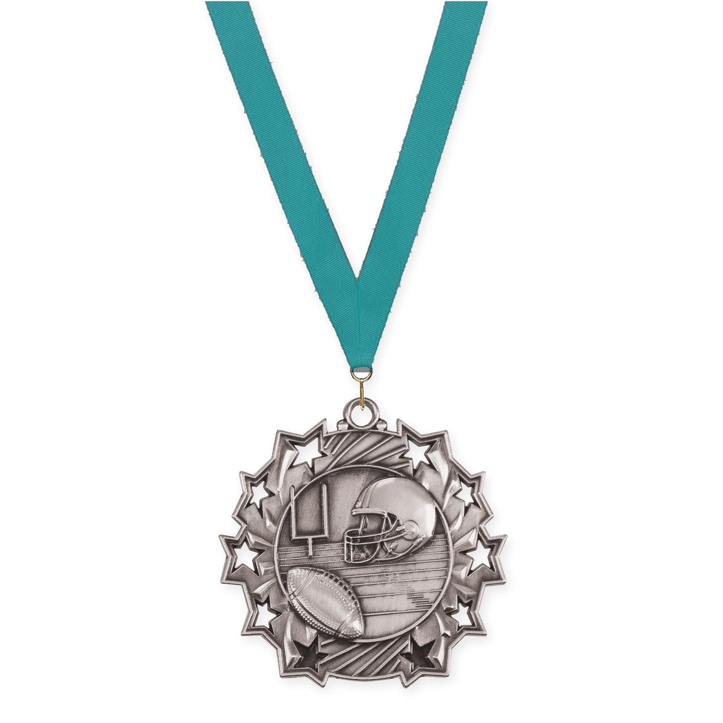 2 1/4 inch football Ten Star medal in bright silver with Teal neck ribbon