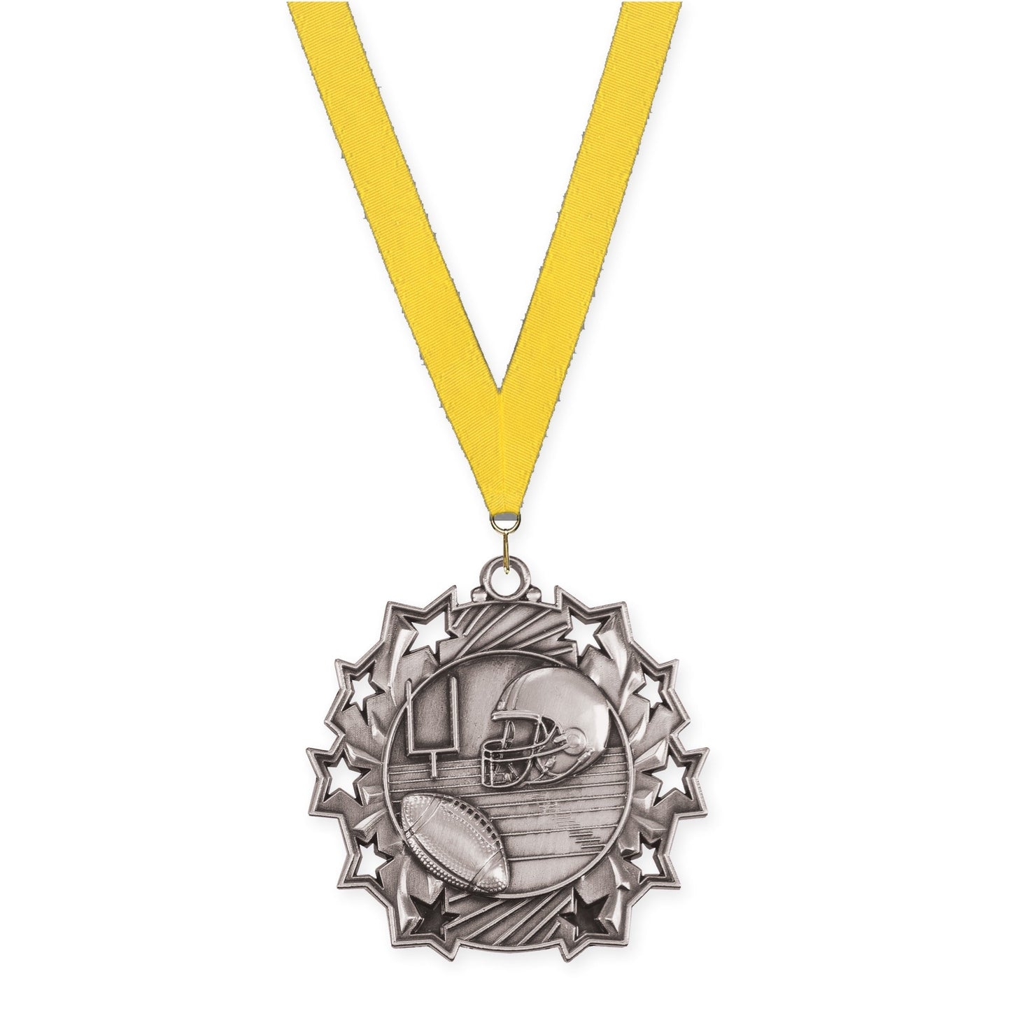 2 1/4 inch football Ten Star medal in bright silver with Yellow neck ribbon