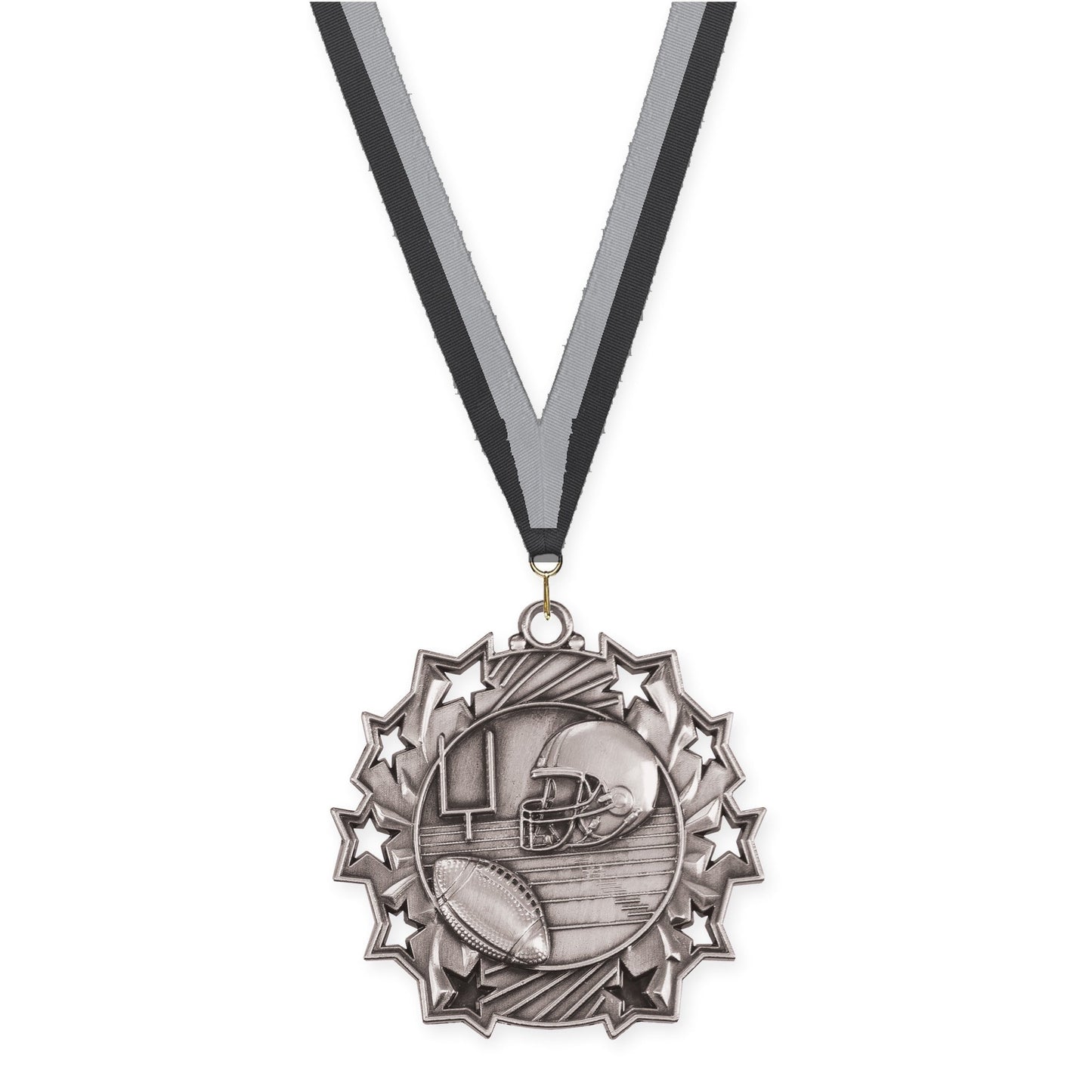 2 1/4 inch football Ten Star medal in bright silver with Black Gray neck ribbon