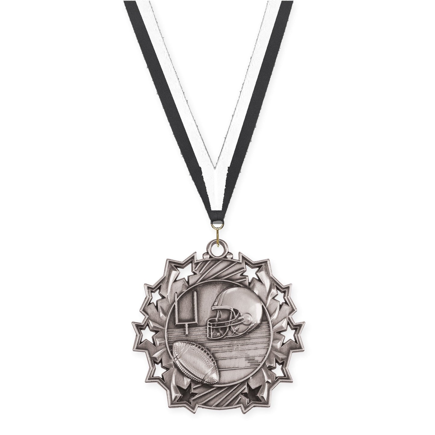 2 1/4 inch football Ten Star medal in bright silver with Black White neck ribbon