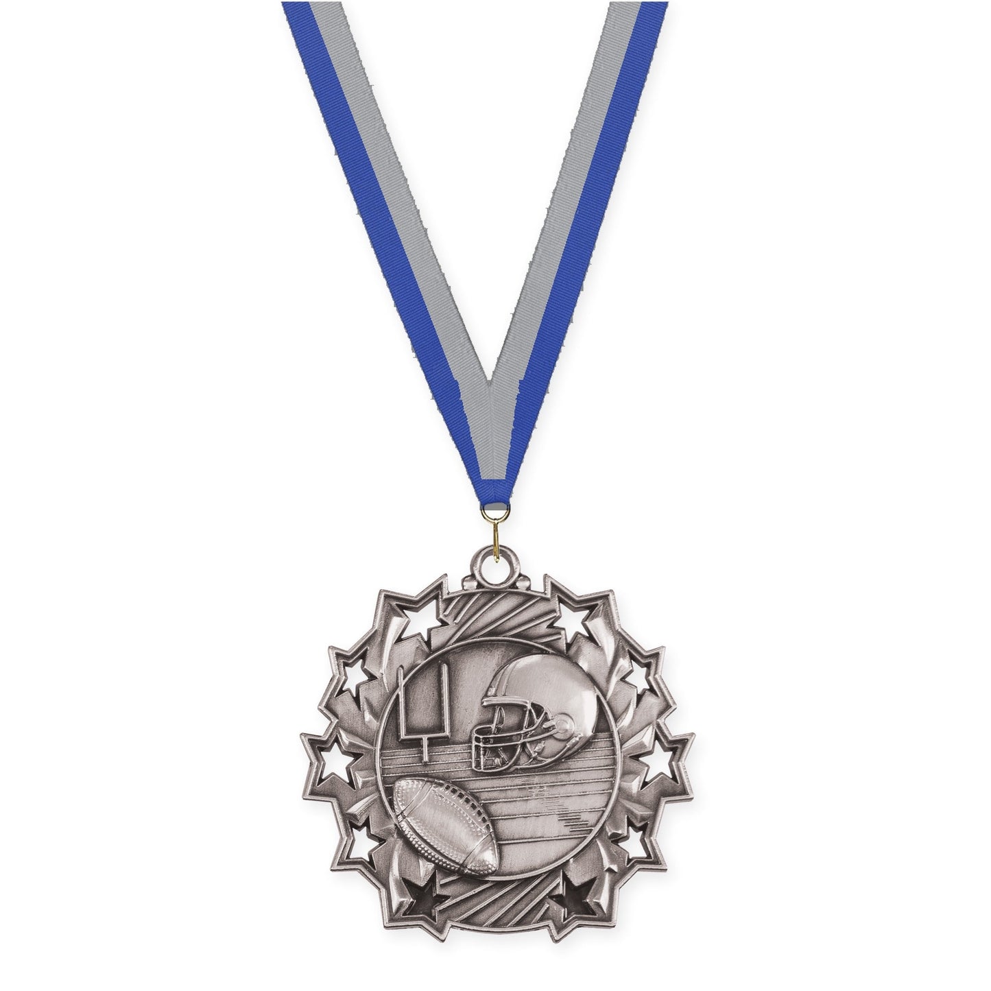 2 1/4 inch football Ten Star medal in bright silver with Blue Gray neck ribbon