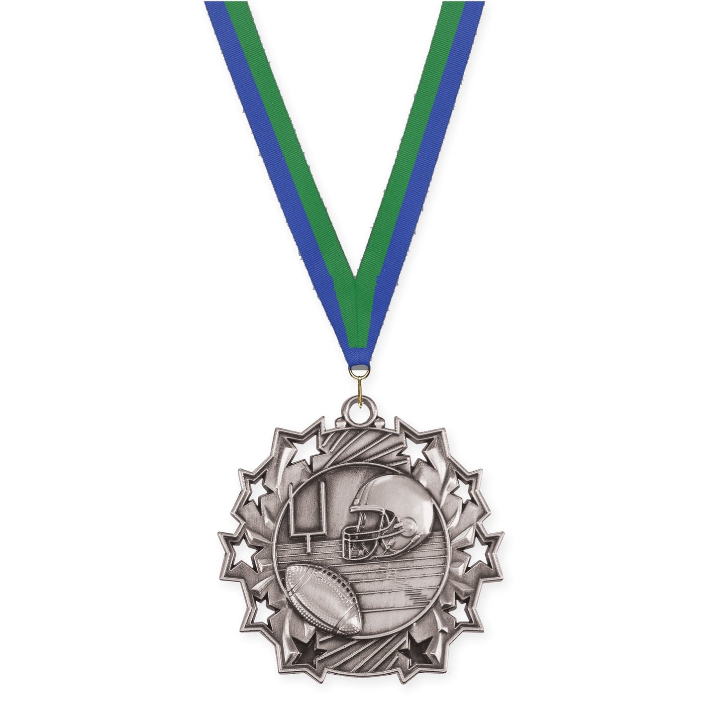 2 1/4 inch football Ten Star medal in bright silver with Blue Green neck ribbon