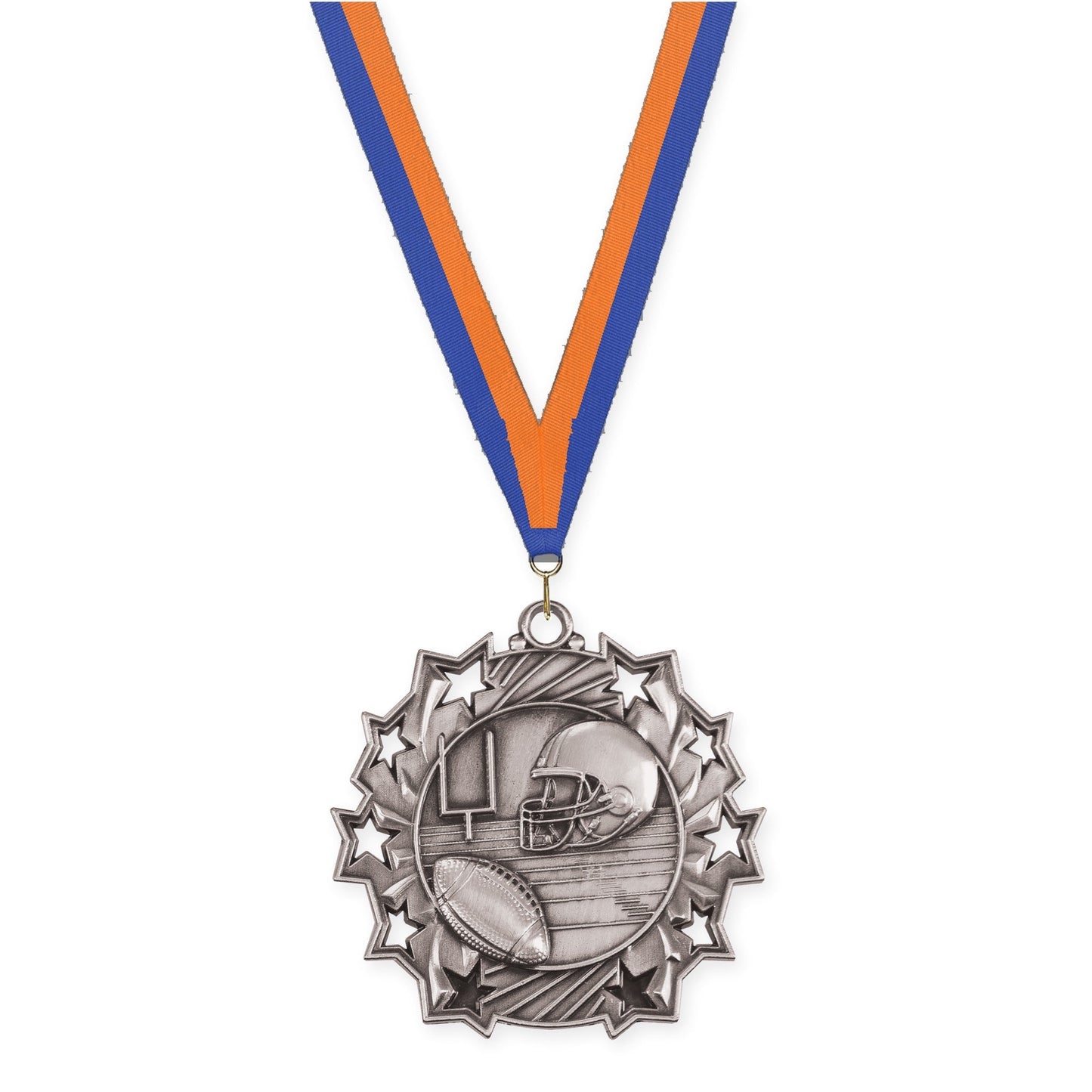 2 1/4 inch football Ten Star medal in bright silver with Blue Orange neck ribbon