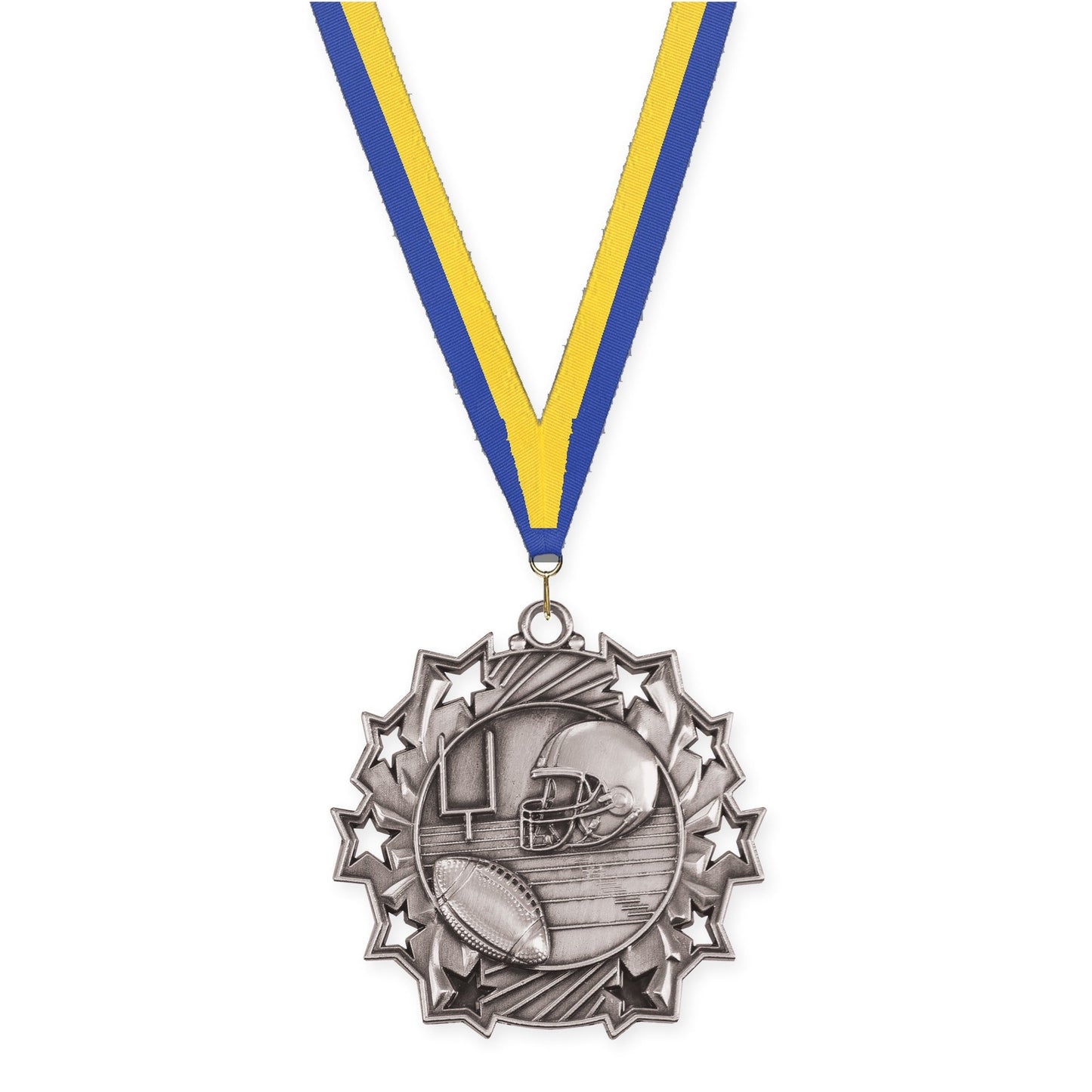2 1/4 inch football Ten Star medal in bright silver with Blue Yellow neck ribbon