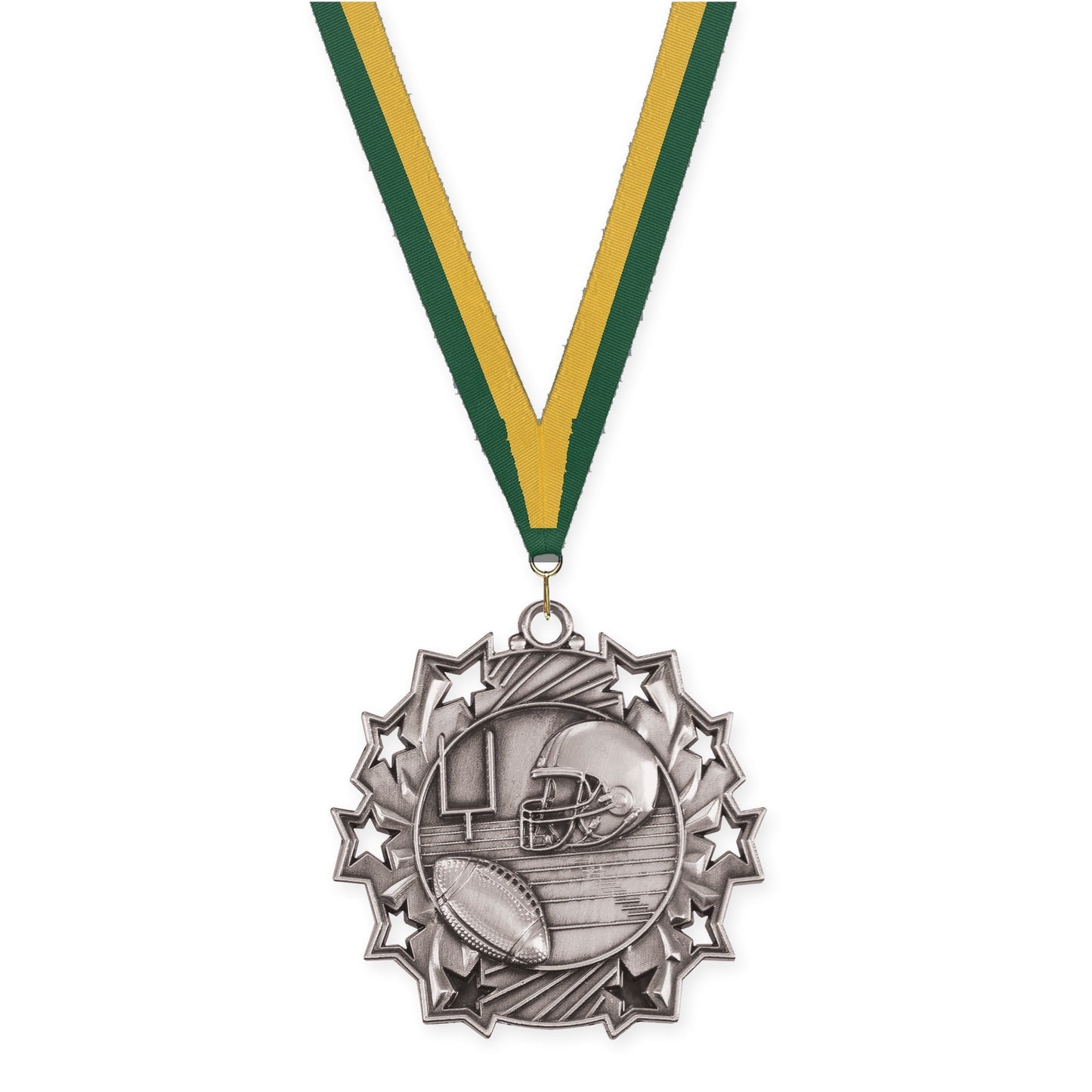 2 1/4 inch football Ten Star medal in bright silver with Hunter Green Gold neck ribbon