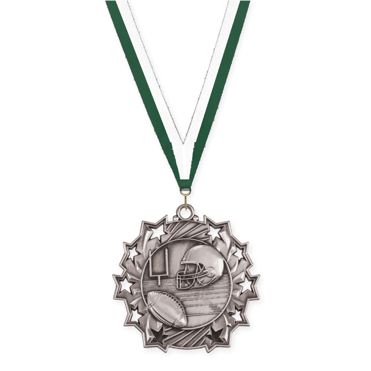 2 1/4 inch football Ten Star medal in bright silver with Hunter Green White neck ribbon